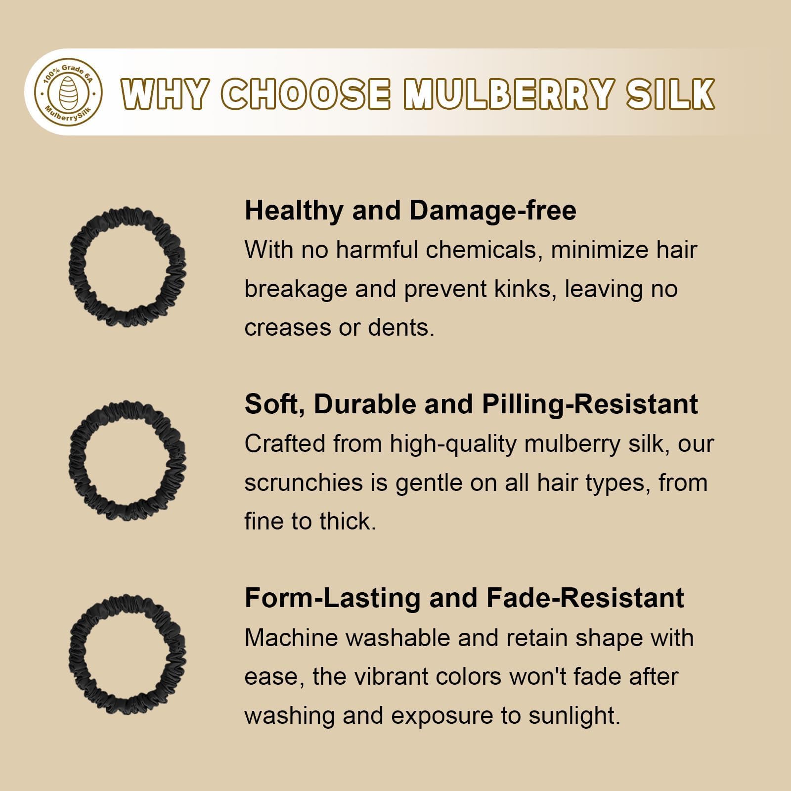 Mulberry Silk Scrunchies for Women 4 PACK, Silk Hair Ties Non Slip, Black Small Thin Silk Scrunchies - Image 4