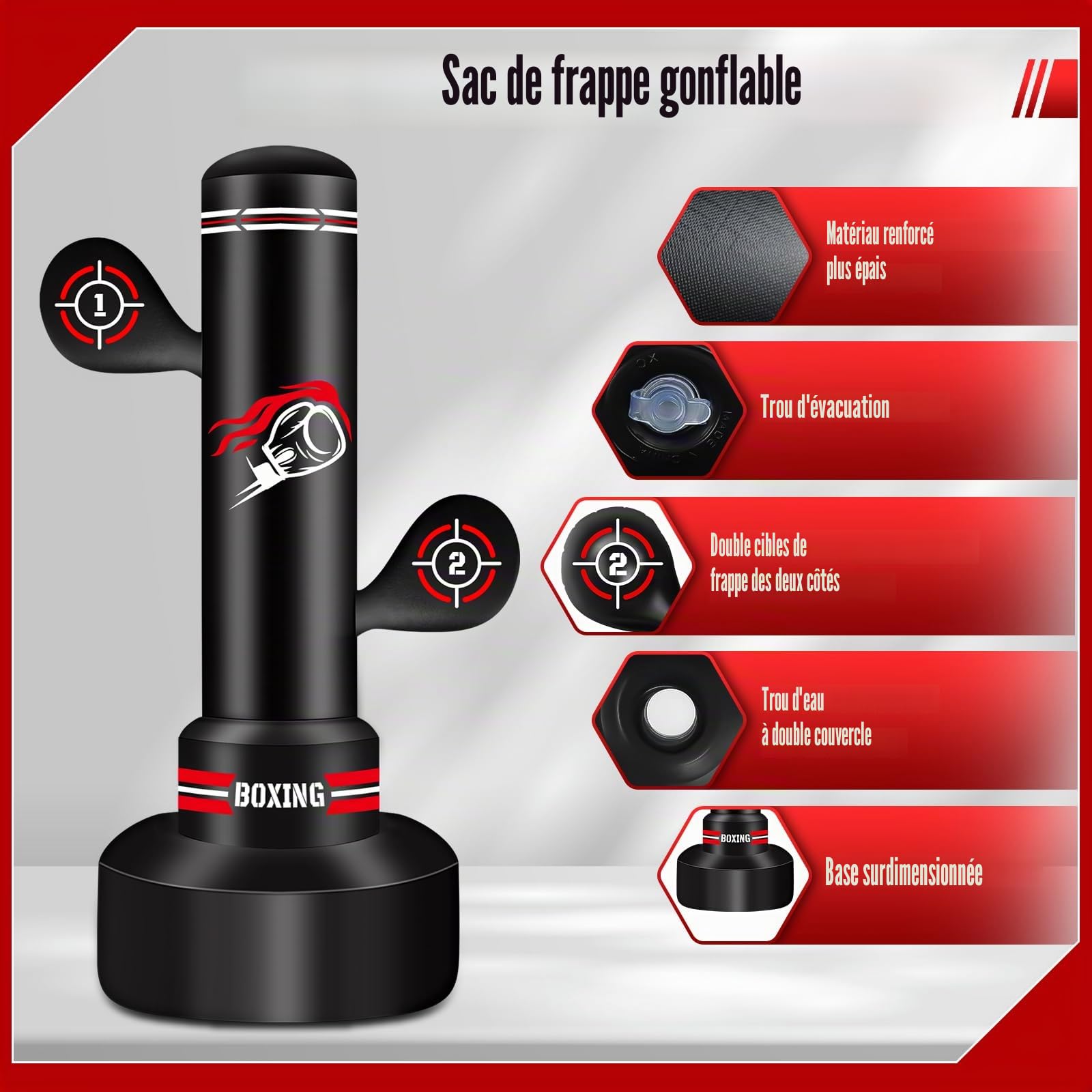 NZQXJXZ Sac de Frappe Adulte, 180cm Sac de Boxe Autoportant avec Gants de Boxe, Pompe, Corde à Sauter et Balle de Réflexe, Sac de Frappe Gonflable pour Hommes pour Entraînement Muay Thai MMA Fitness