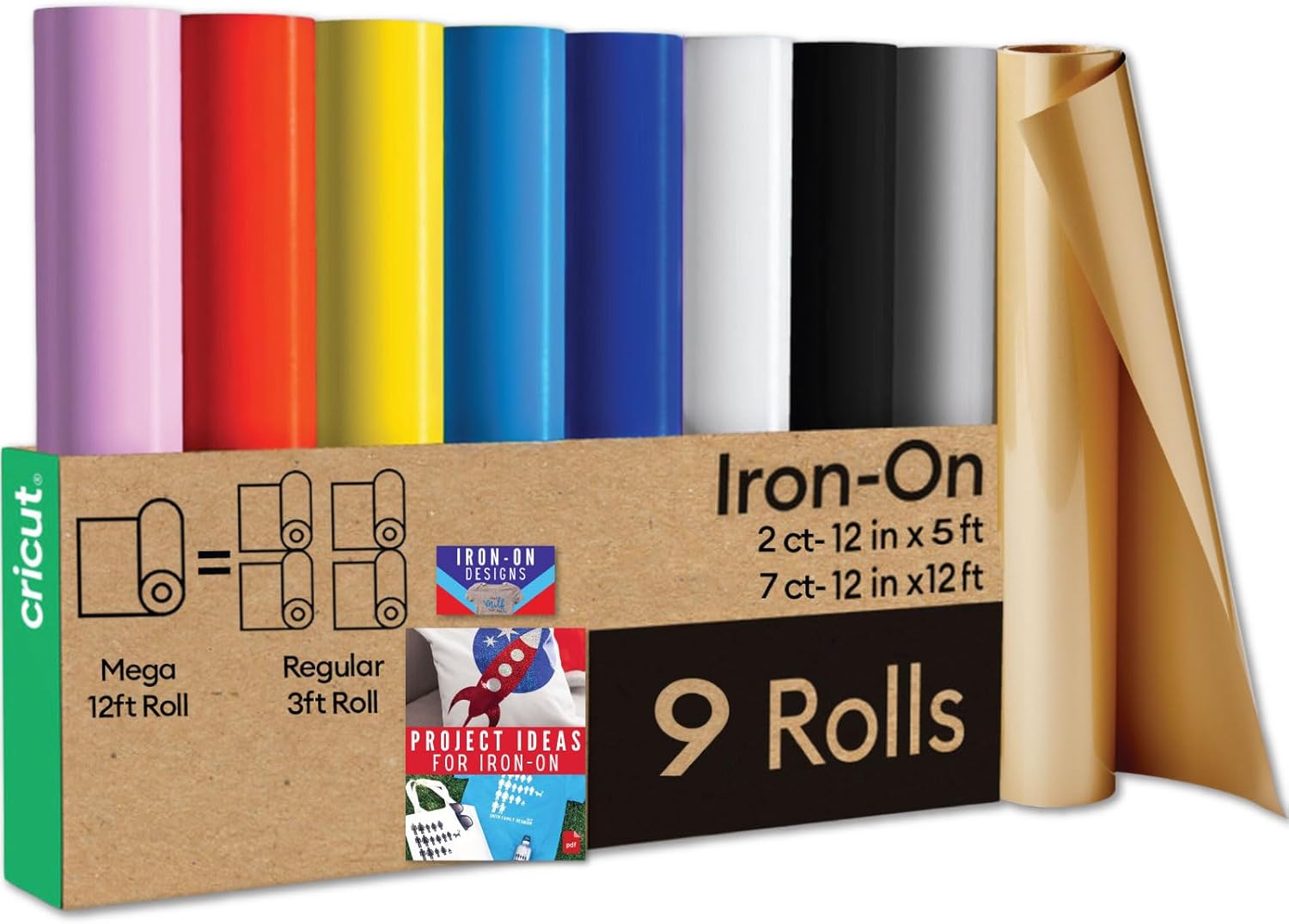Cricut Heat Transfer Vinyl Rolls Bundle - 12ft Rainbow Iron On and 5ft Black & White HTV Kit - HTV for Cricut, Silhouette & All Cutting Machines - Beginner Friendly Craft Pack for DIY T-Shirts