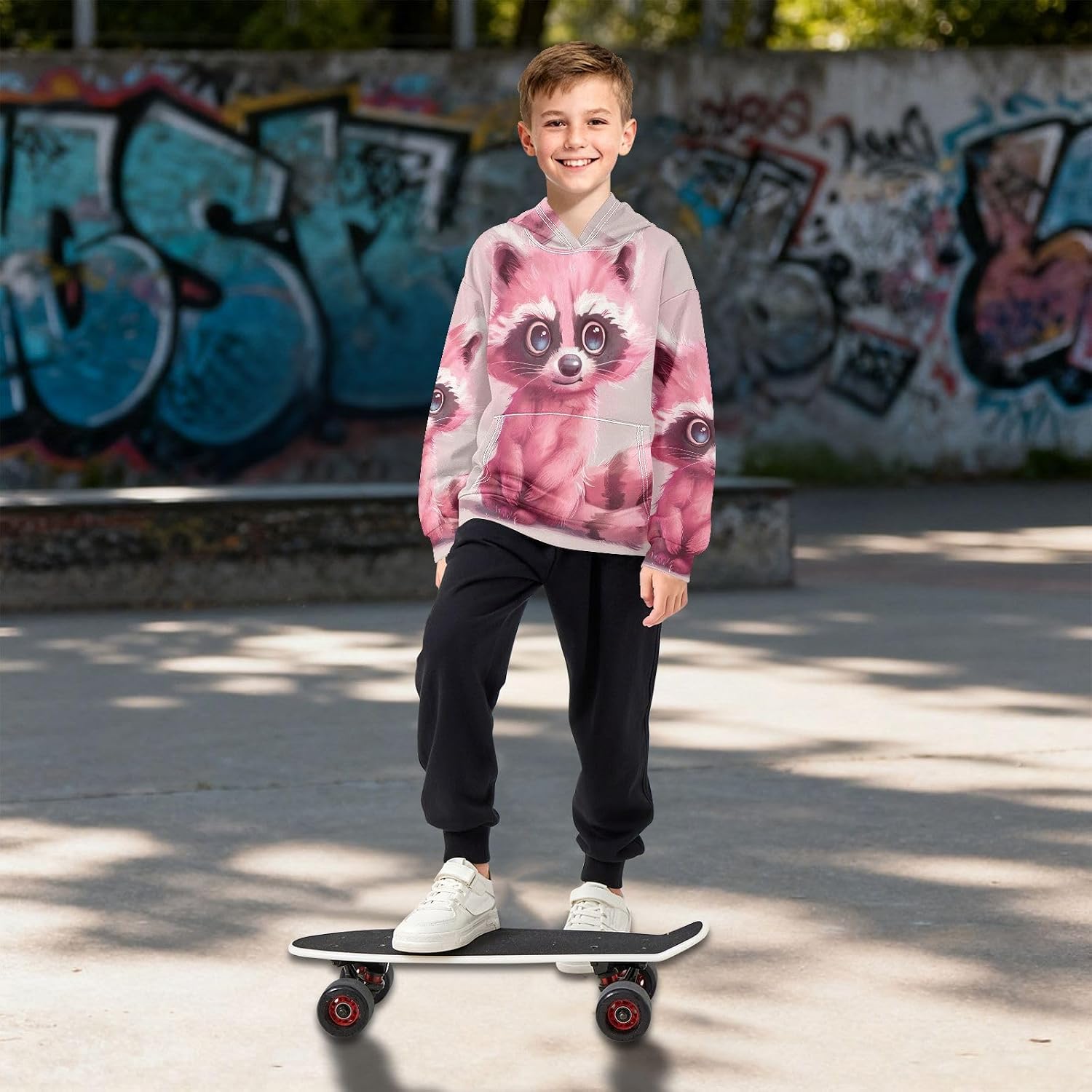 ALAZA Pink Raccoon Cartoon Hoodies Sweatshirt for Boys Girls Kids Hooded Pullover Top