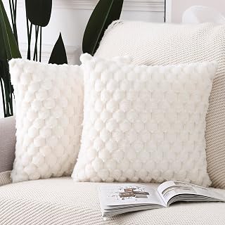Madizz 2er Set Kunstpelz Plüsch Dekorative Kissenbezüge Weich Dekorative Kissenbezug für Sofa Schlafzimmer Kissen Shell Creme Weiß 65 x 65 cm