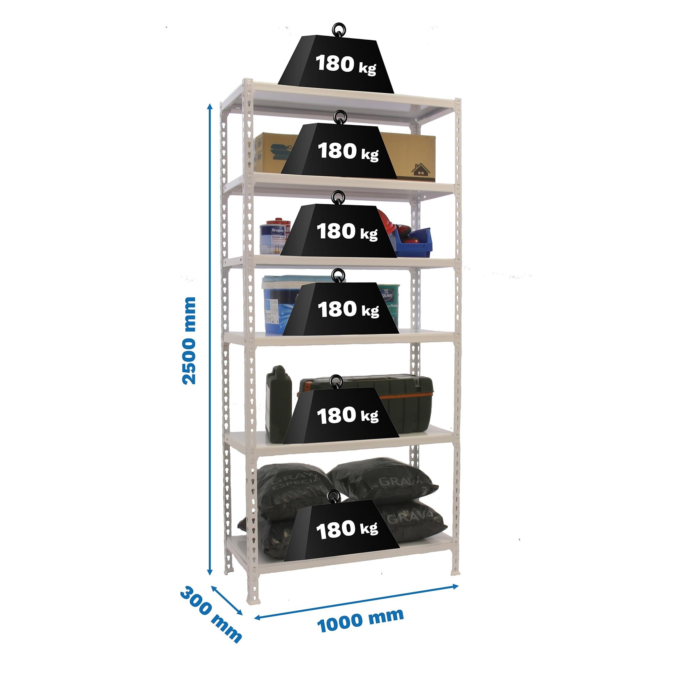 Simon Rack Estanteria Metalica, 2500x1000x300 mm, 6 Alturas, Bandeja Metal, 180 kg de Punto Flexión, Estanteria Almacenaje, Blanco - Simonclick