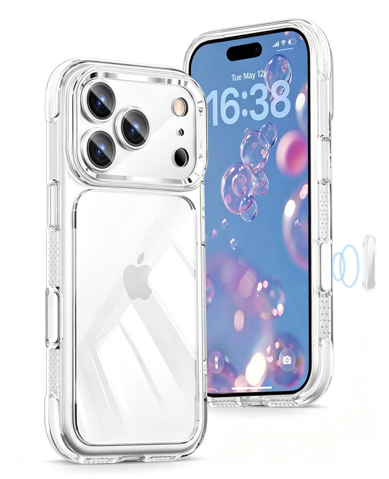 DAMESINE iPhone 17 Pro用ケース クリア 薄い軽量 透明 四角エアバッグ衝撃吸収 黄ばみしない カメラコントロールボタン付き 着脱式カメラカバーキラキラ 4K高透過率ガラスフィルムレンズ保護 防塵ネット 可愛い アイホン17プロケース ホワイト