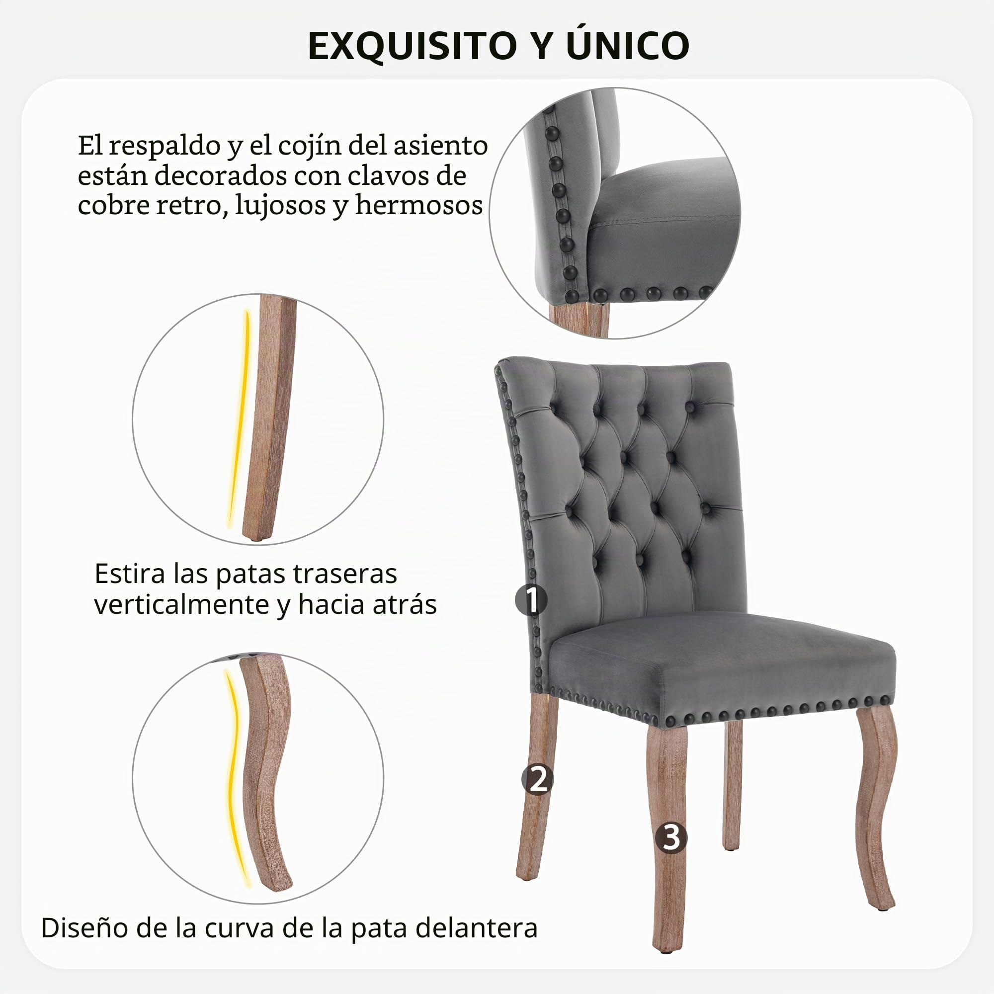 Silla de comedor (silla de cocina, silla de salón con aldaba única en la parte trasera), silla tapizada con cabeza de clavo, patas de madera maciza, funda de terciopelo, gris, 2 unidades