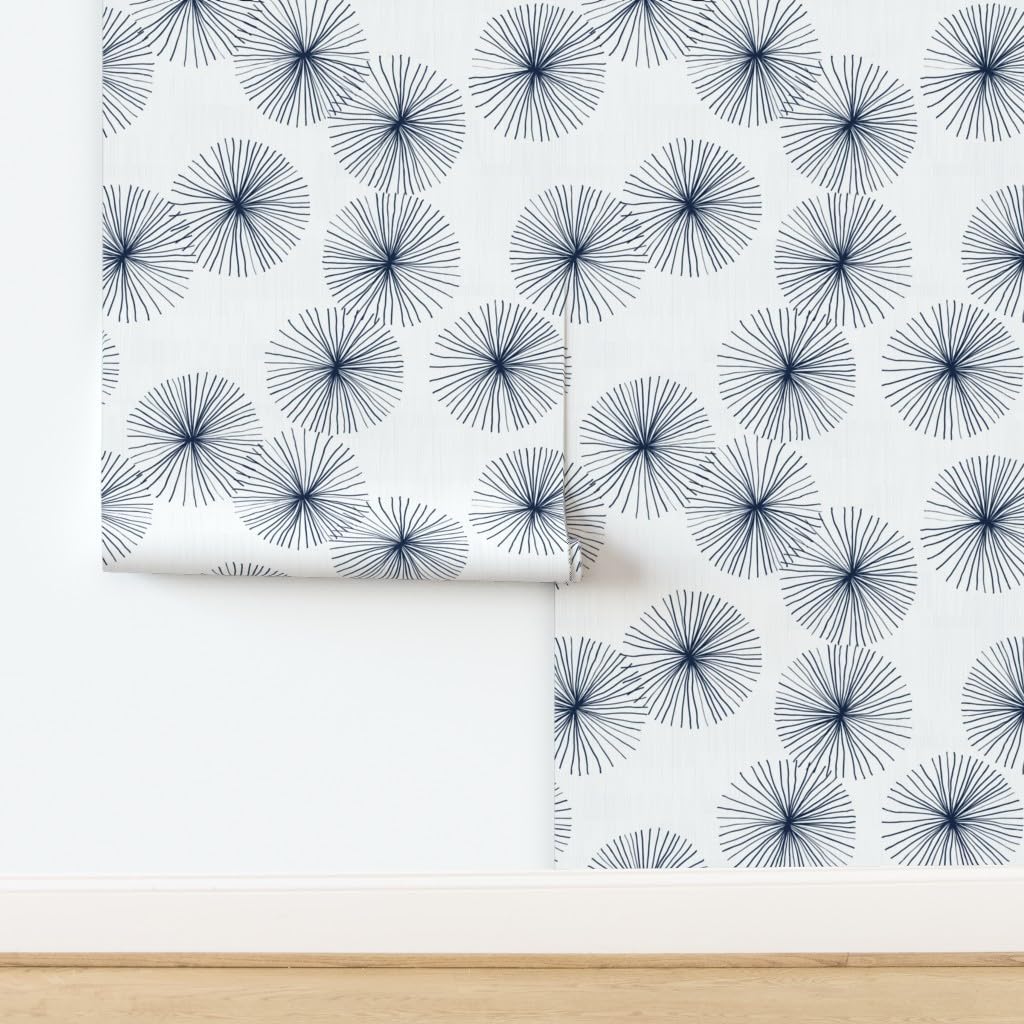 Removable Wallpaper 3ft x 2ft - Mid Century Midcentury Modern Dandelions White Navy Circle Minimalist Mod Neutral Custom Pre-Pasted Wallpaper by Spoonflower