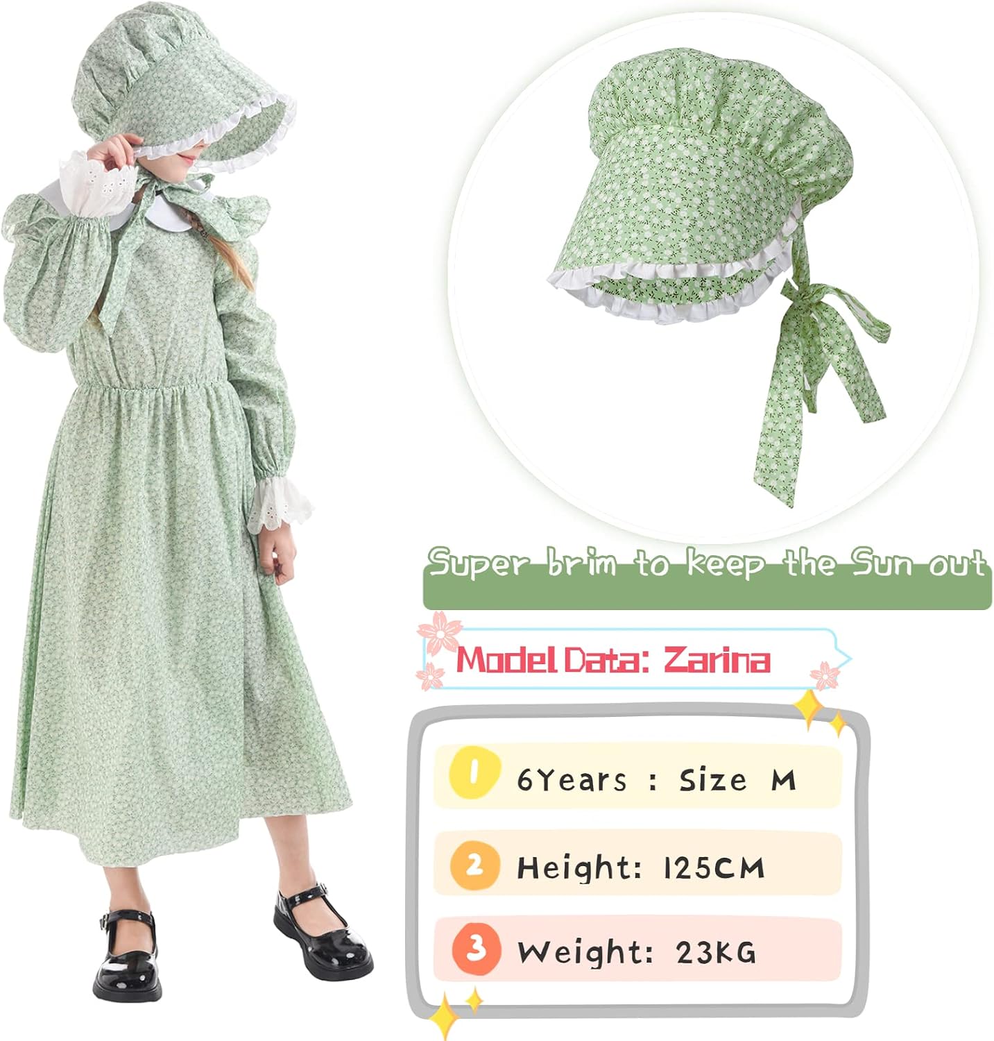 NSPSTT Girl Pioneer Costume Prairie Dresses for Girls Floral Colonial Dress Girl 1800s Dress
