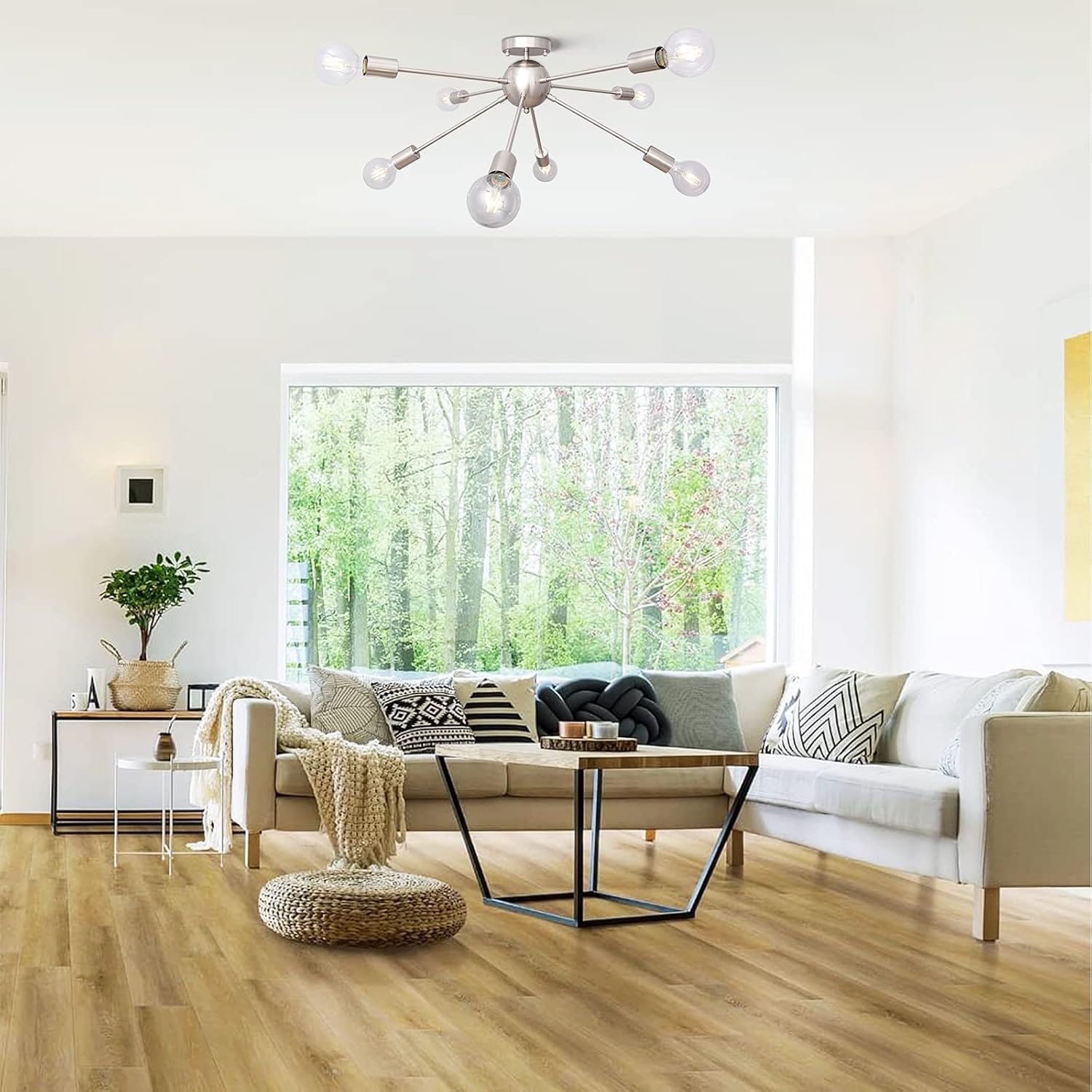 Nickel 8-Light Geometric Sputnik Semi Flush Mount Chandelier