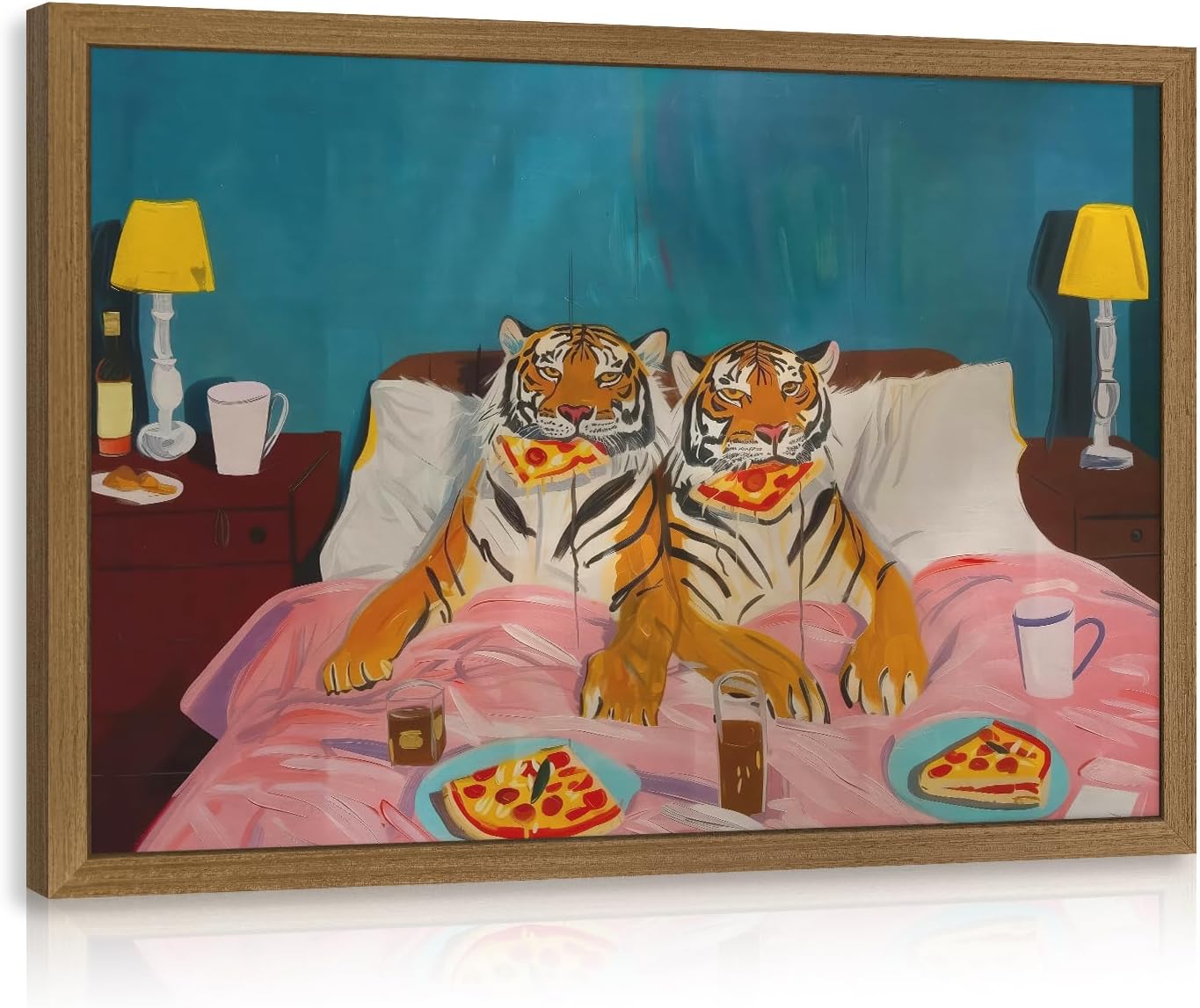 LERVR Wood Framed Funny Tiger Wall Art, Humorous Tigers Eating Pizza in Bed Wall Decor, Whimsical Contemporary Animal Canvas Print, Colorful Quirky Artwork for Living Room Bedroom Office 12x16 Inch