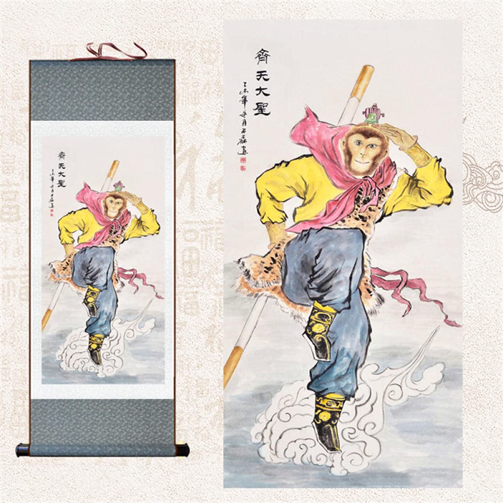 Singe roi lutte contre bouddha peinture soie pour masquer un mur vide