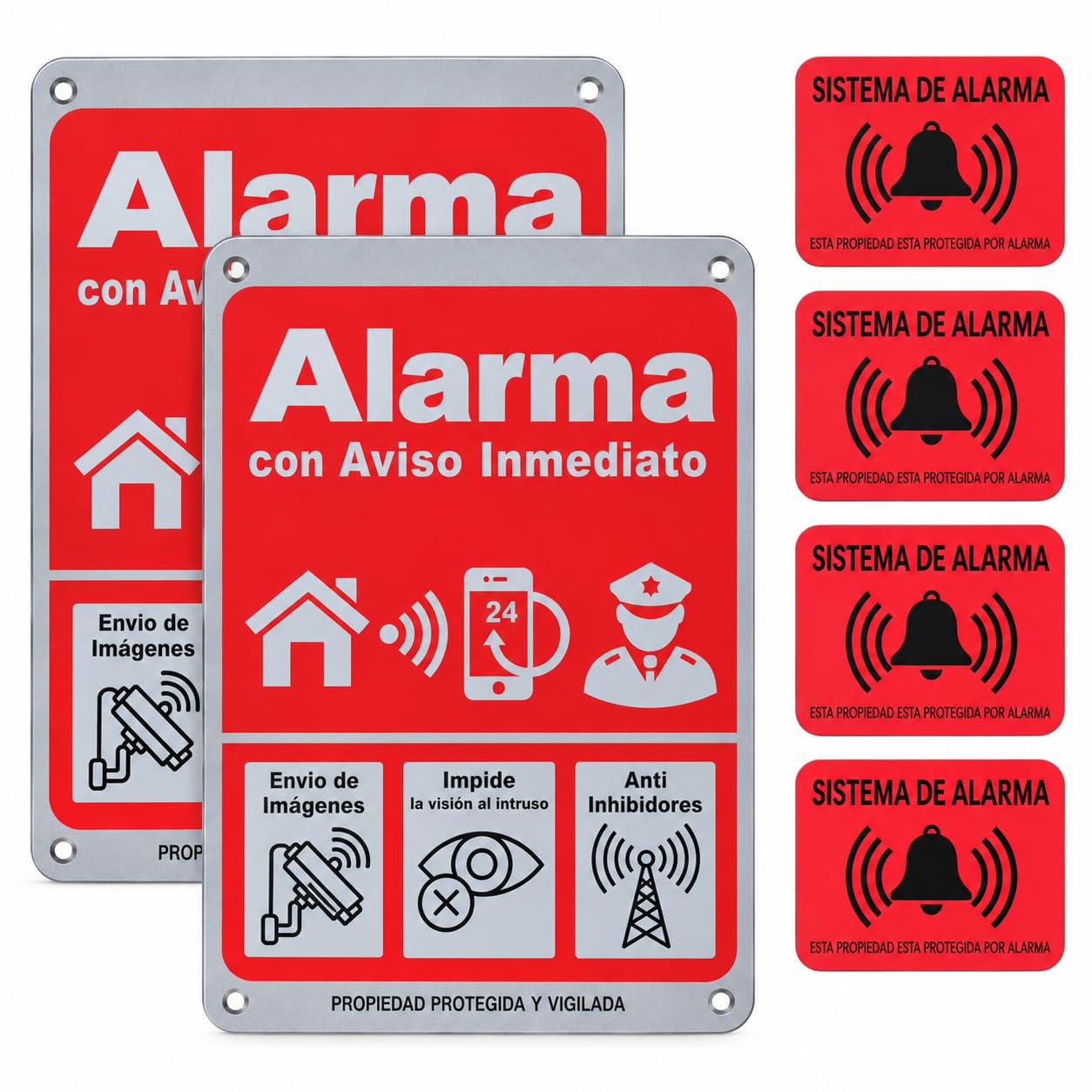 Lot de 2 panneaux d'alarme Dibond 20 x 30 cm + 4 autocollants d'alarme