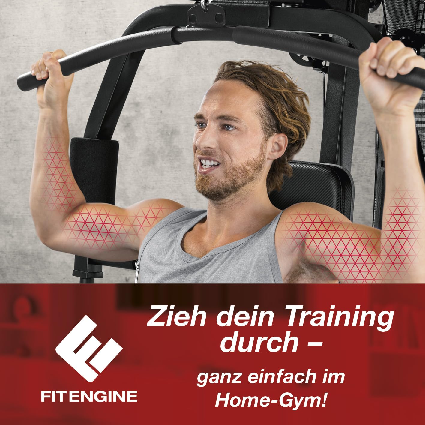 FitEngine Kraftstation | Multifunktions-Homegym für den ganzen Körper | Gewichte bis zu 67 kg einstellbar, mit Latzugstange, Beinpresse, Bizepscurl-Polster u.v.m. | Hochwertiges Stahlmaterial