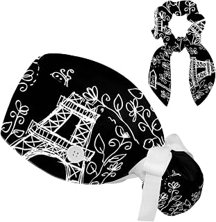 FVQL 2 Pieces Surgical Cap for Long Hair Scrub Cap with Hairband Nurse Cap, Hand Drawn Pattern Paris Eiffel Tower