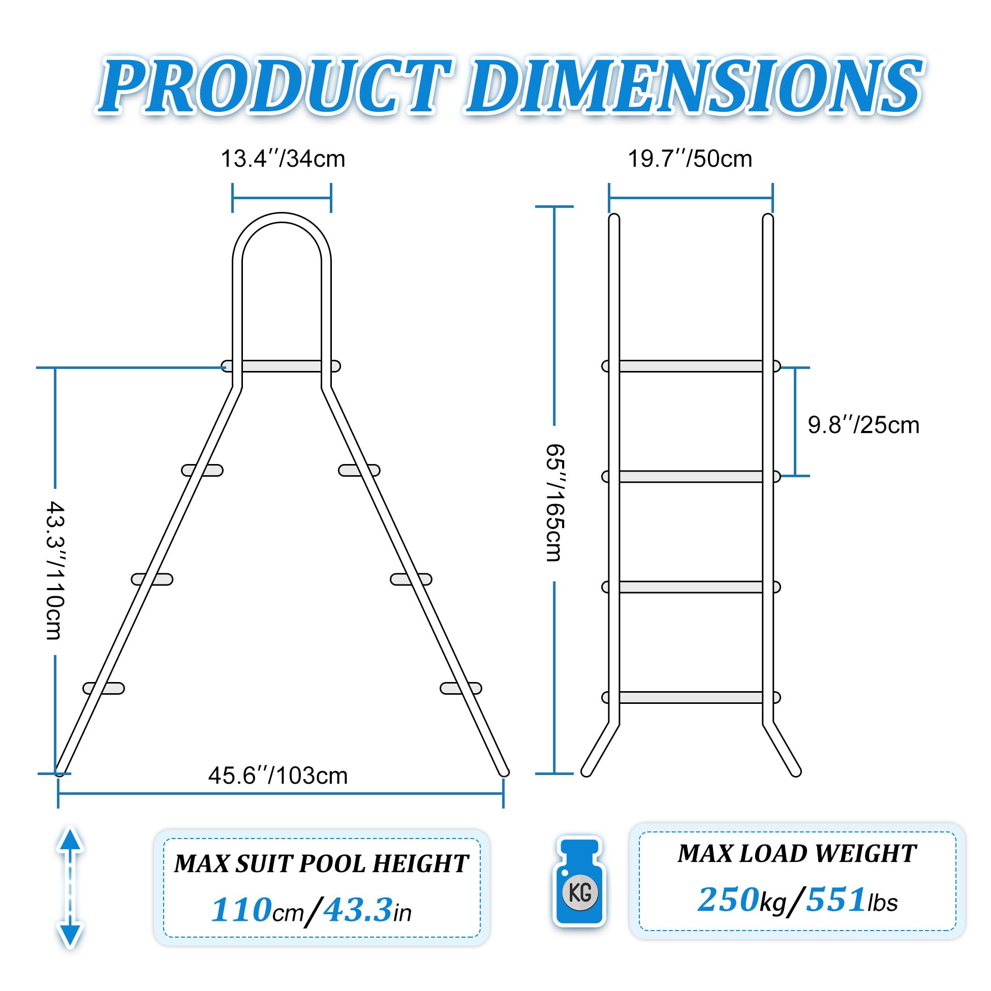 Scala Antiscivolo per Piscine Fuori Terra, Scala in Acciaio Inossidabile a 4 Gradini per Uso Intensivo, Doppio Corrimano, Portata 250 kg, Scala Stabile per Piscine Alte 135 Cm,110cm