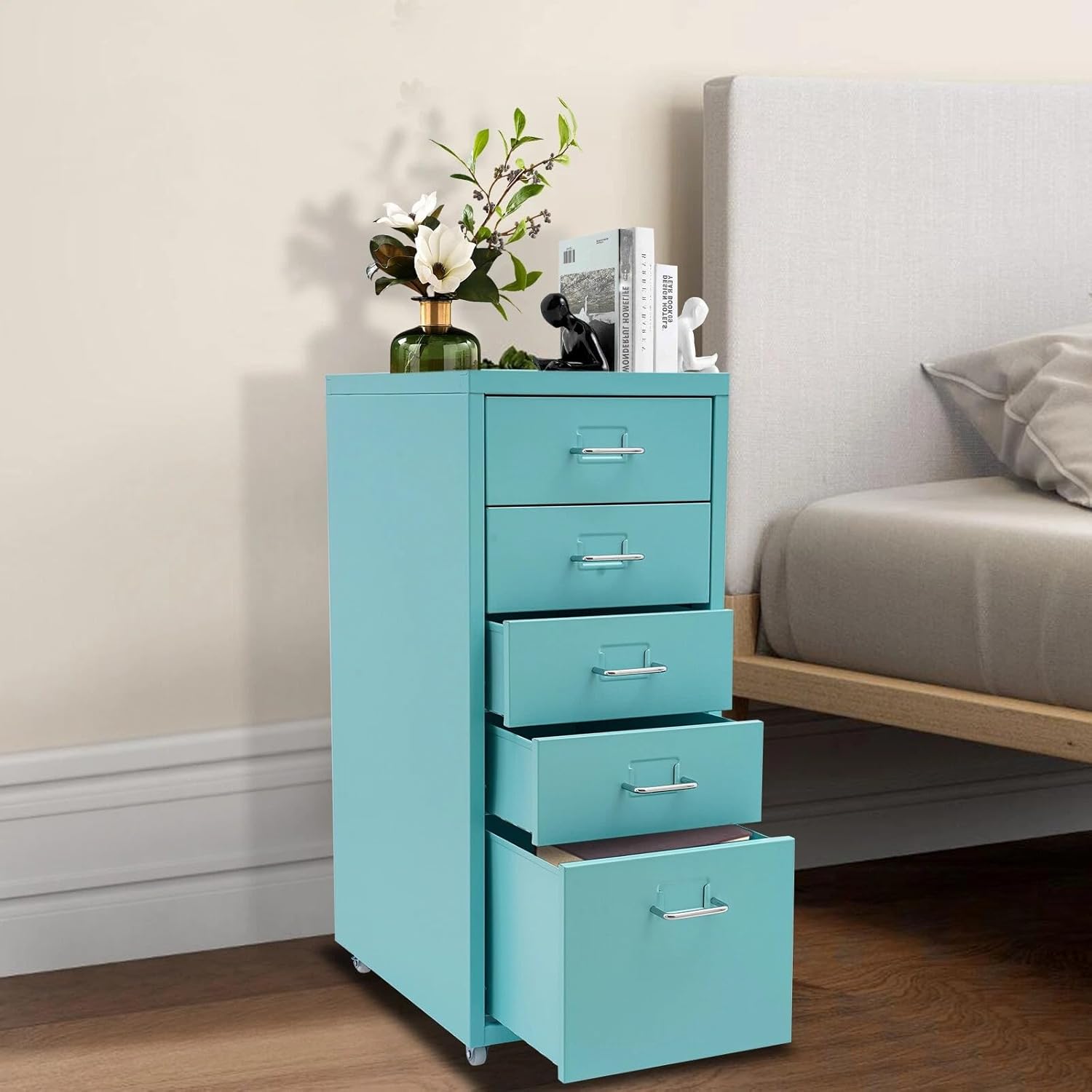5-Drawer File Cabinet Office Filing Cabinet Stand Storage Organizer with Wheels, Freestanding Rolling Storage Dresser, Mutifuctional Tool Organizer for Kitchen, Bedroom, Living Room (Blue)