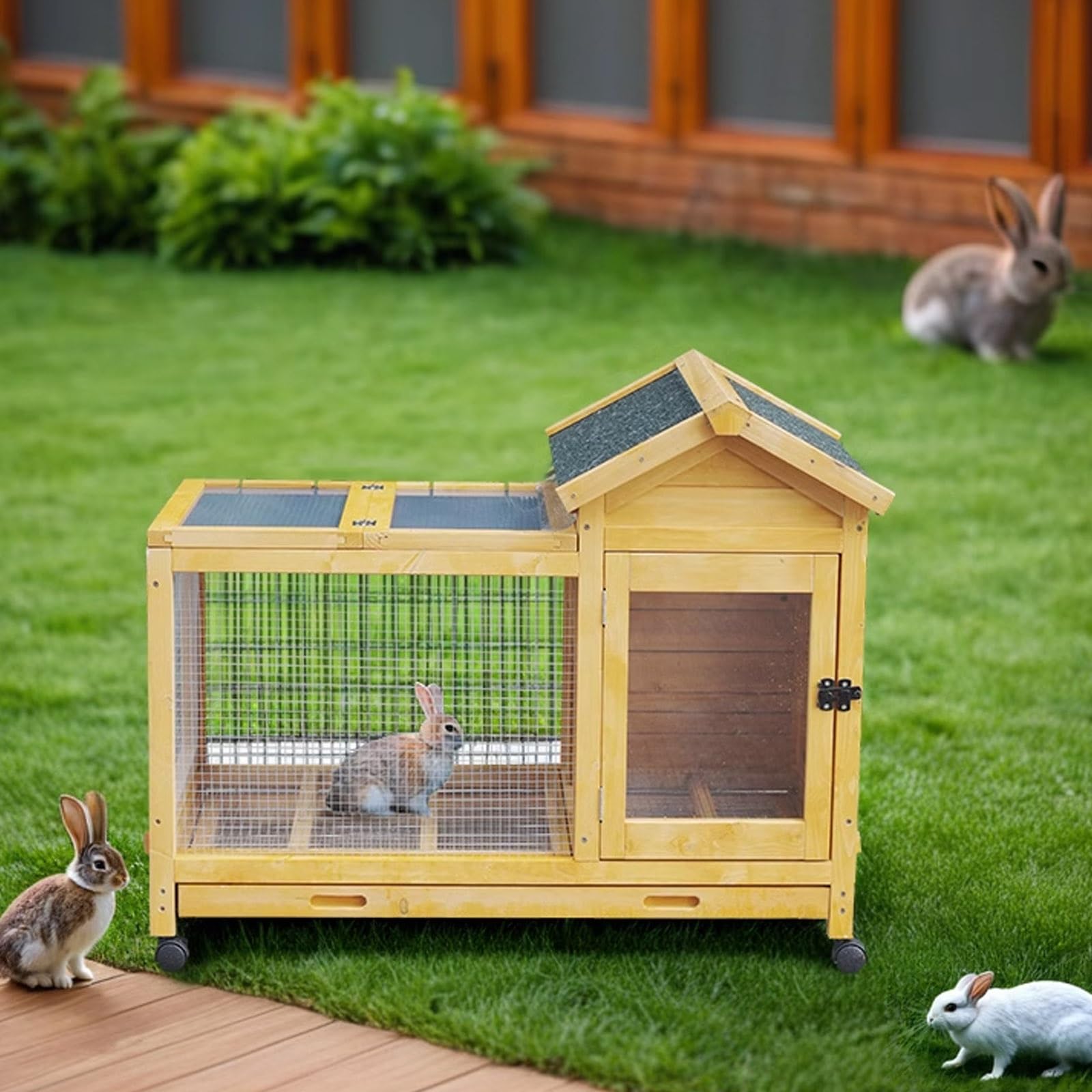 Recinto per Coniglio da Esterno con Ruote, Legno Massiccio Gabbia Coniglio, Tetto in Asfalto, Estrarre Il Vassoio, per Piccoli Animali