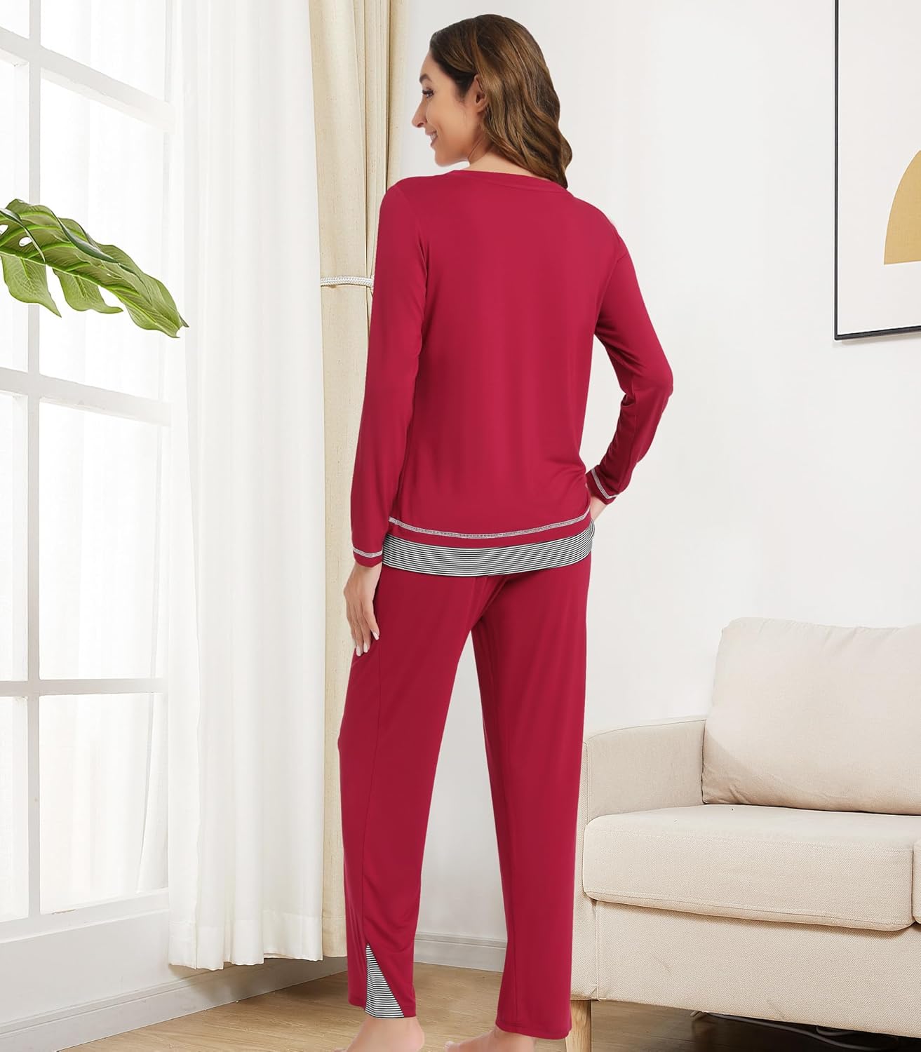 nachila women's pajamas set-viscose made from bamboo,long sleeve sleepwear v neck pjs top with pants comfy pajama style-i x-large i-wine red