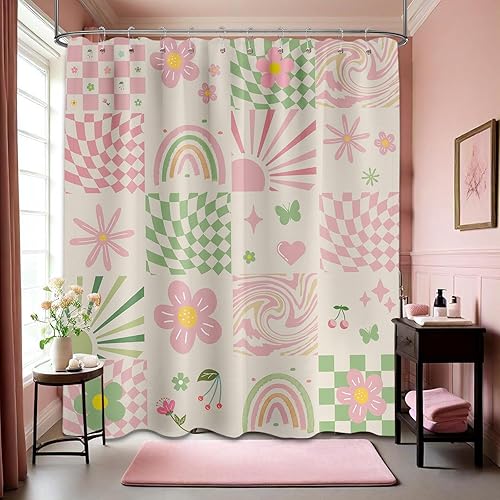 Miniatura 14 de Bonita cortina de ducha rosa Y2k Preppy Kawaii para niñas, decoración de baño a cuadros, tela impermeable con ganchos, 70 pulgadas de ancho x 72