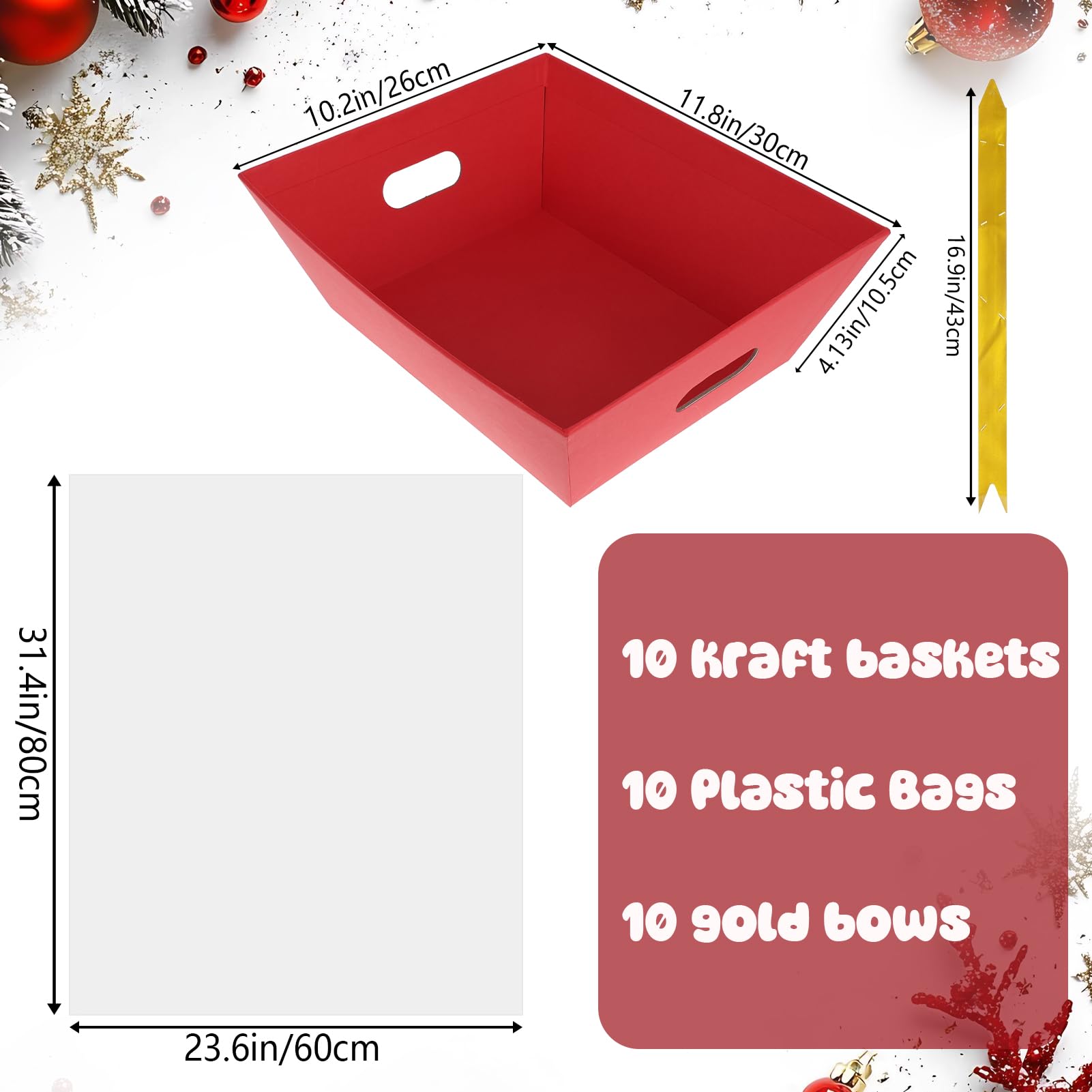 Lot de 10 paniers cadeaux vides en papier kraft épais avec 10 nœuds et 10 sacs pour cadeaux de Noël, Pâques, anniversaires, collations, Saint-Valentin, fêtes de fin d'année, 35 x 25 x 10 cm