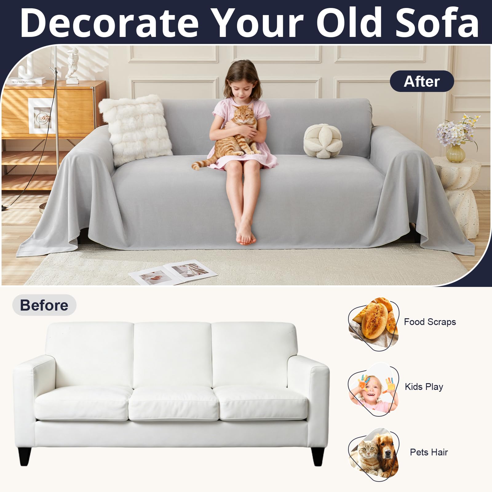 Royhom Sofa Überzug, Chenille Couch Überzug Ecksofa, Sofabezug L Form, Sofa Schutzdecke, Sofahusse mit Armlehne, Sofaüberwurf Decke Weich und Bequem, Hellgrau, 300x180 cm