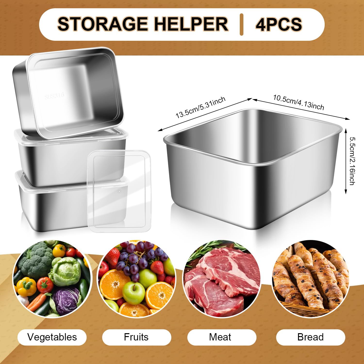 Set di 4 salumi, fresh, contenitore per alimenti, organizer per frigorifero, scatola impilabile, in acciaio inox, congelatore per formaggio, carne (con coperchio trasparente