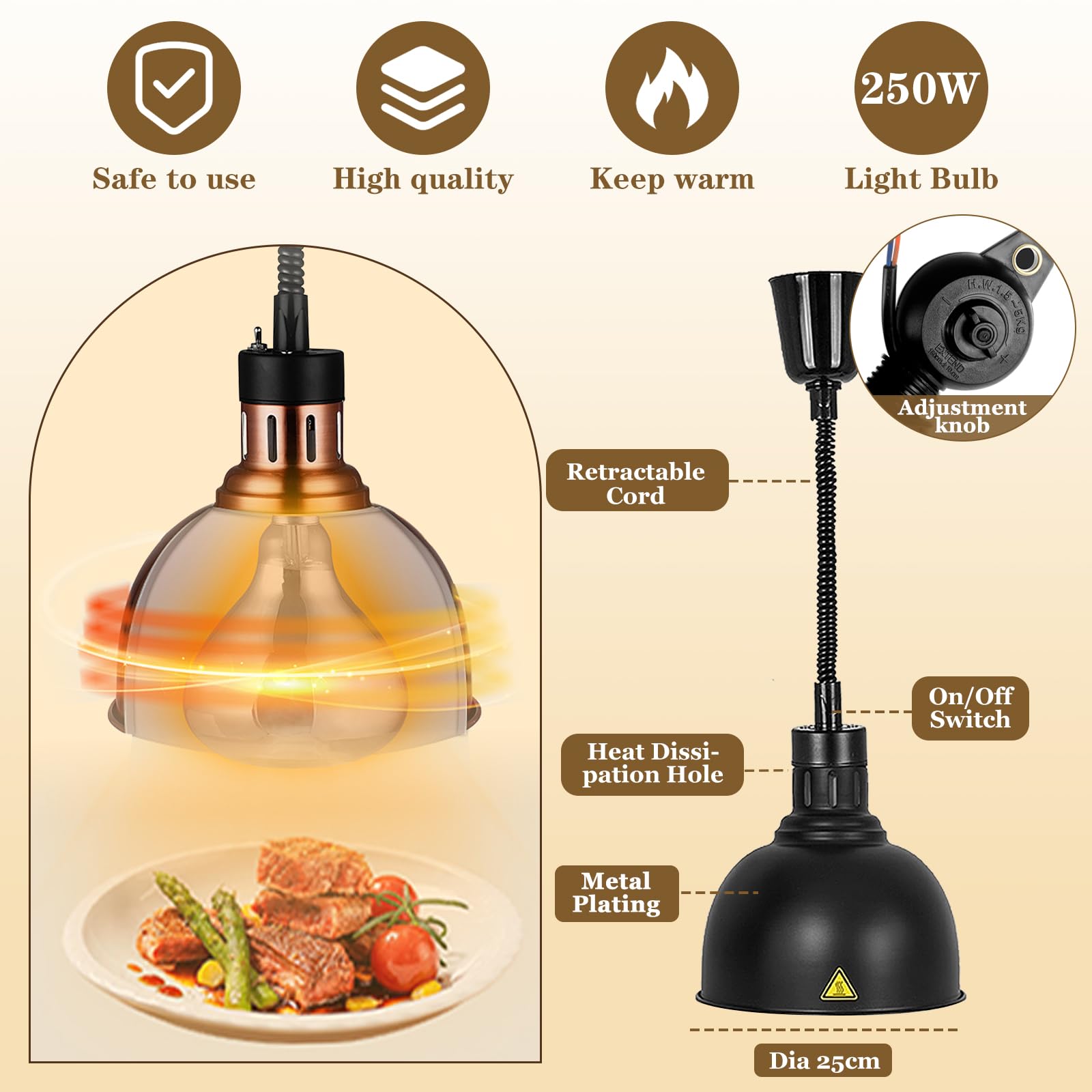 Lampade Scaldavivande Cucina con Lampadina da 250W (B-25cm, 3pezzi) | Lampada Riscaldante Cucina Professionale, Regolabile Lampada Riscaldante per Alimenti per Hotel, Buffet, Catering