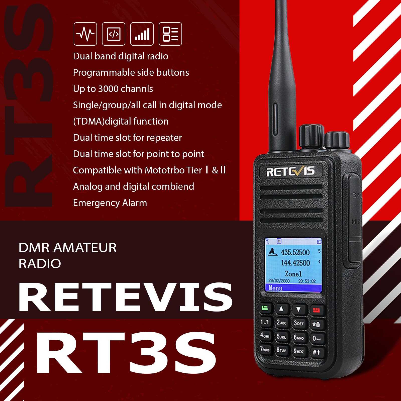 Retevis RT3S Radio DMR, Radioamatori Analogico e Digitale Combinato, Support OpenGD77, Doppio Slot Temporale per Ripetitore, Compatibile con MOTOTRBO Tier I & II per Radiotrasmittenti (1 pezzo, Nero)