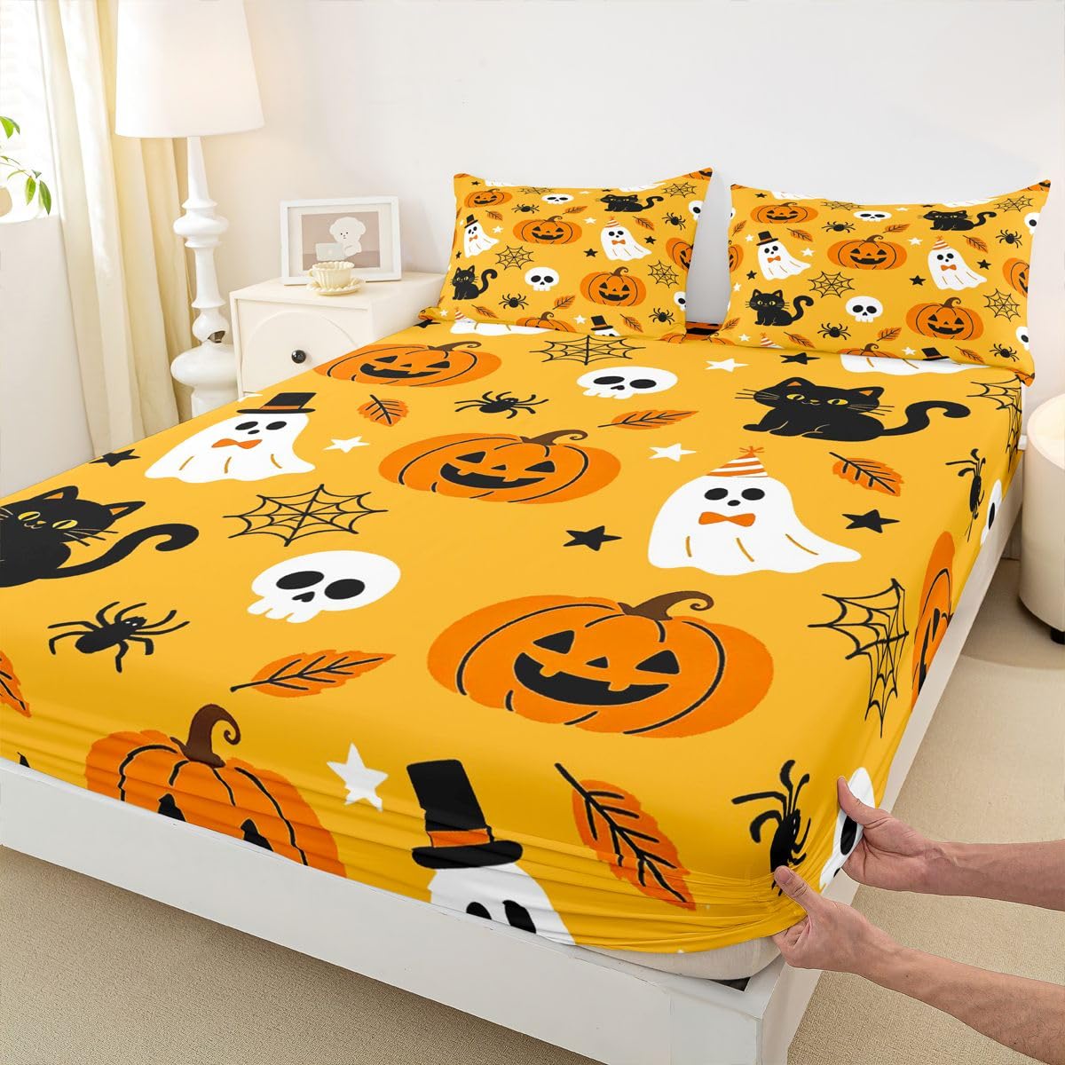 Homemissing Sábana bajera ajustable de Halloween con 2 fundas de almohada, tamaño King, con bolsillo profundo de 40,6 cm, para niños y niñas, decoración de dormitorio de adolescentes (sin sábana