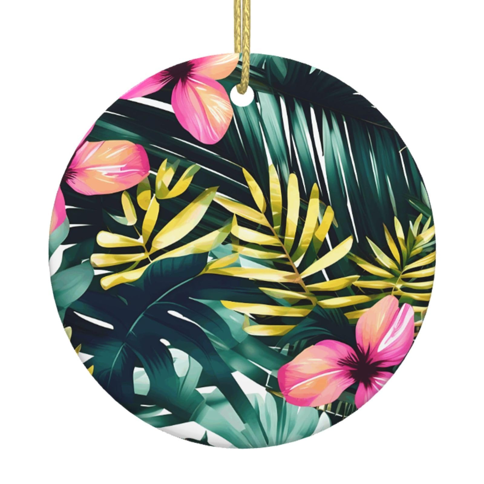 Tropical Summer Hawaiian Flower Palm Leaves Print Christmas Ornaments, Ceramic Hanging Ornament, Round Shape Decorations