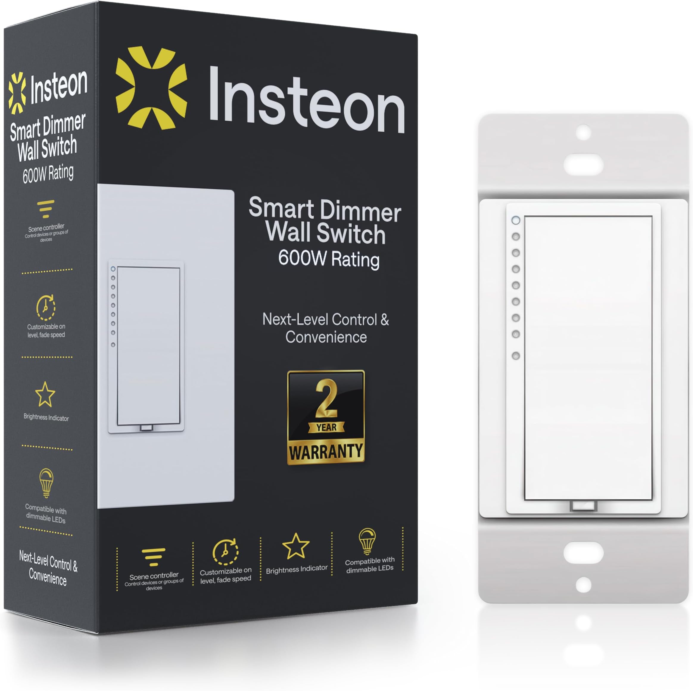 Insteon Smart Dimmer Wall Switch, 600W, Requires Neutral Wire, 2477D, White