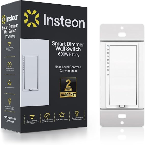 Insteon Smart Dimmer Wall Switch, 600W, 2477D (White) - Needs Neutral Wire - Requires Insteon Hub for Voice Control with Amazon Alexa and Google Assistant