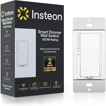 Insteon Smart Dimmer Wall Switch, 600W, 2477D (White) - Needs Neutral Wire - Requires Insteon Hub for Voice Control with Amazon Alexa and Google Assistant