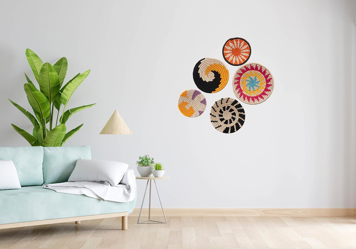Handcrafted Wall Decor Plates, Home Decor for Living Room, Sabai Grass Handwoven Baskets, Wall Art Decoration, Set of 5