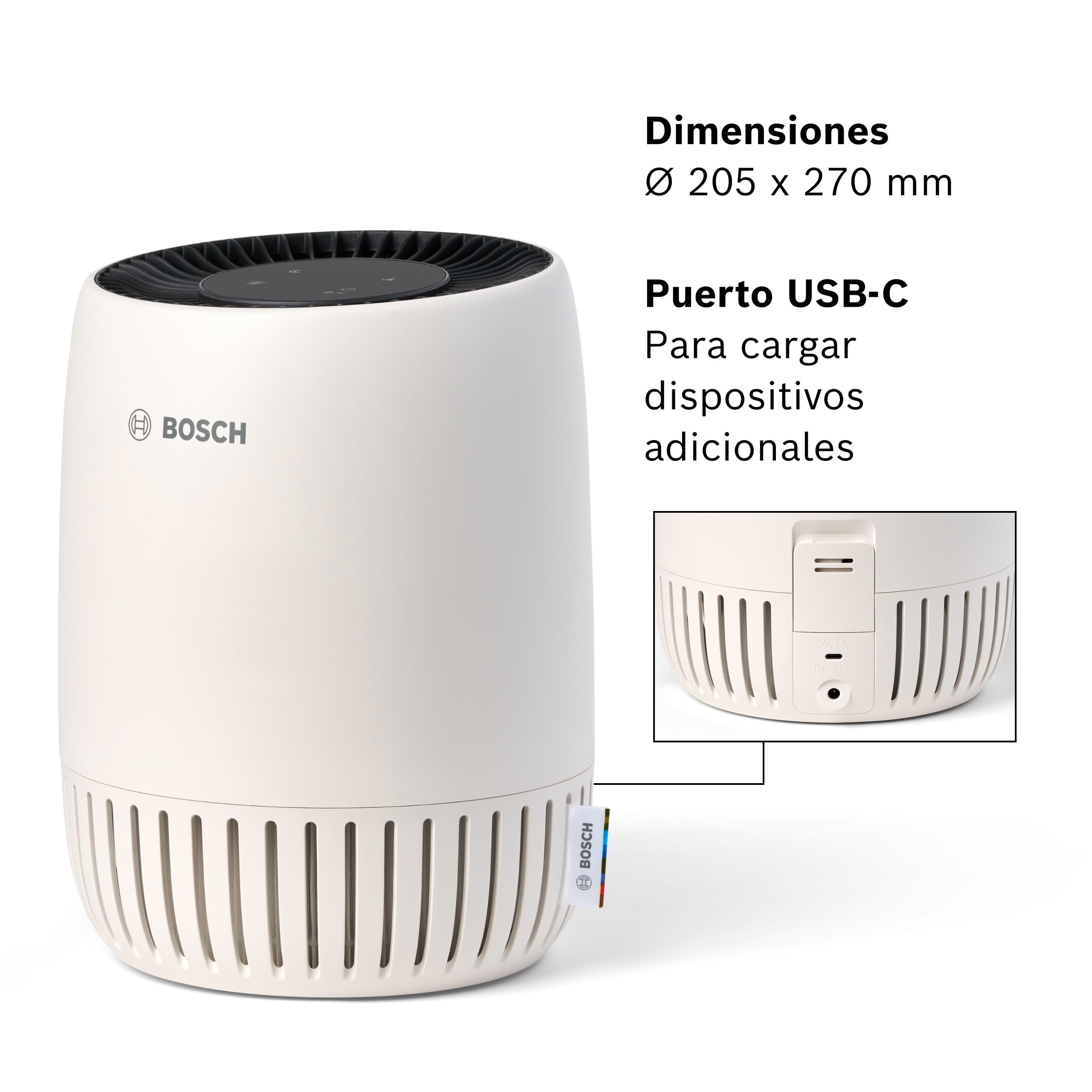 Bosch Air 500 Purificador de Aire - Elimina contaminantes, incluye filtro de aire y modo silencioso (< 25 dB(A)) - para habitaciones de hasta 23 m² - con puerto de carga USB-C - CADR: 100 m³/h