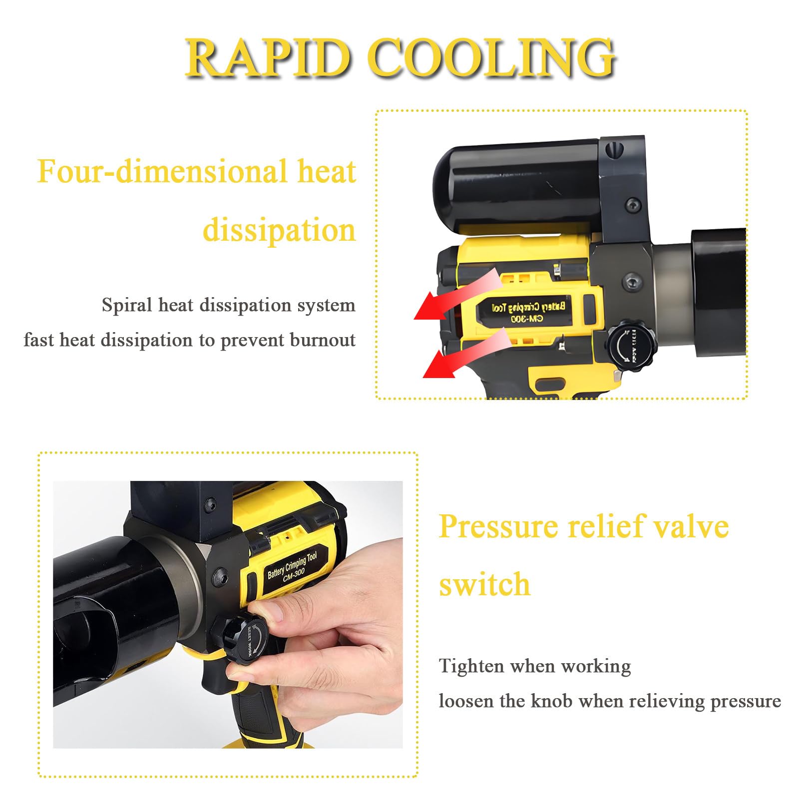 Crimpadora hidráulica a batería de 18 V, Herramienta para crimpar terminales, crimpadora de Cables de 16-300 mm², Abrazadera giratoria de 360°, con 11 Matrices y 2 baterías Yellow-75KN