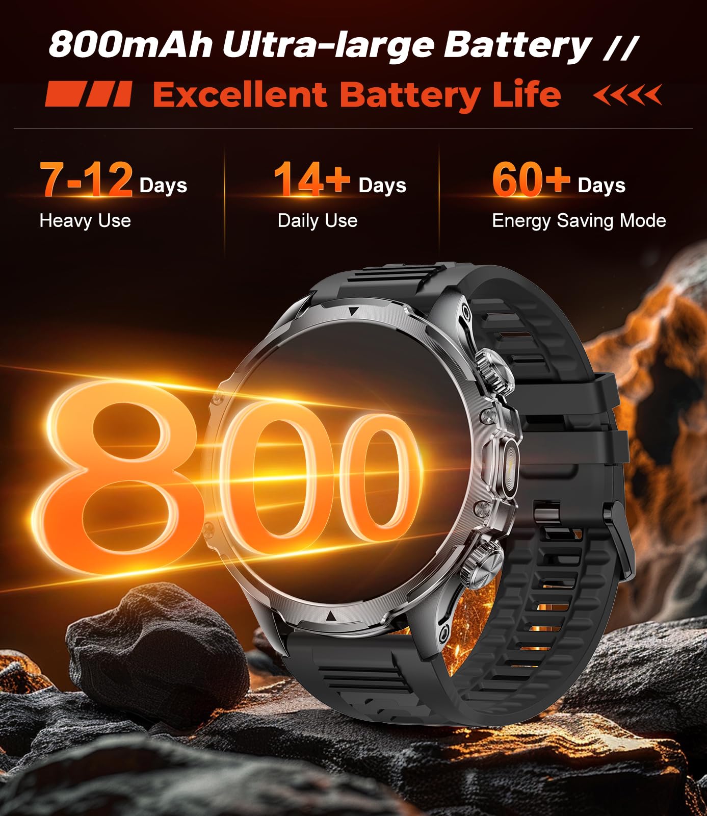 Montre intelligente pour homme - Répondre/passer des appels - Grande batterie de 4,70 cm - HD - Grand cadran rond - Pour iOS et Android - Tracker de fitness - Lampe de poche, fréquence