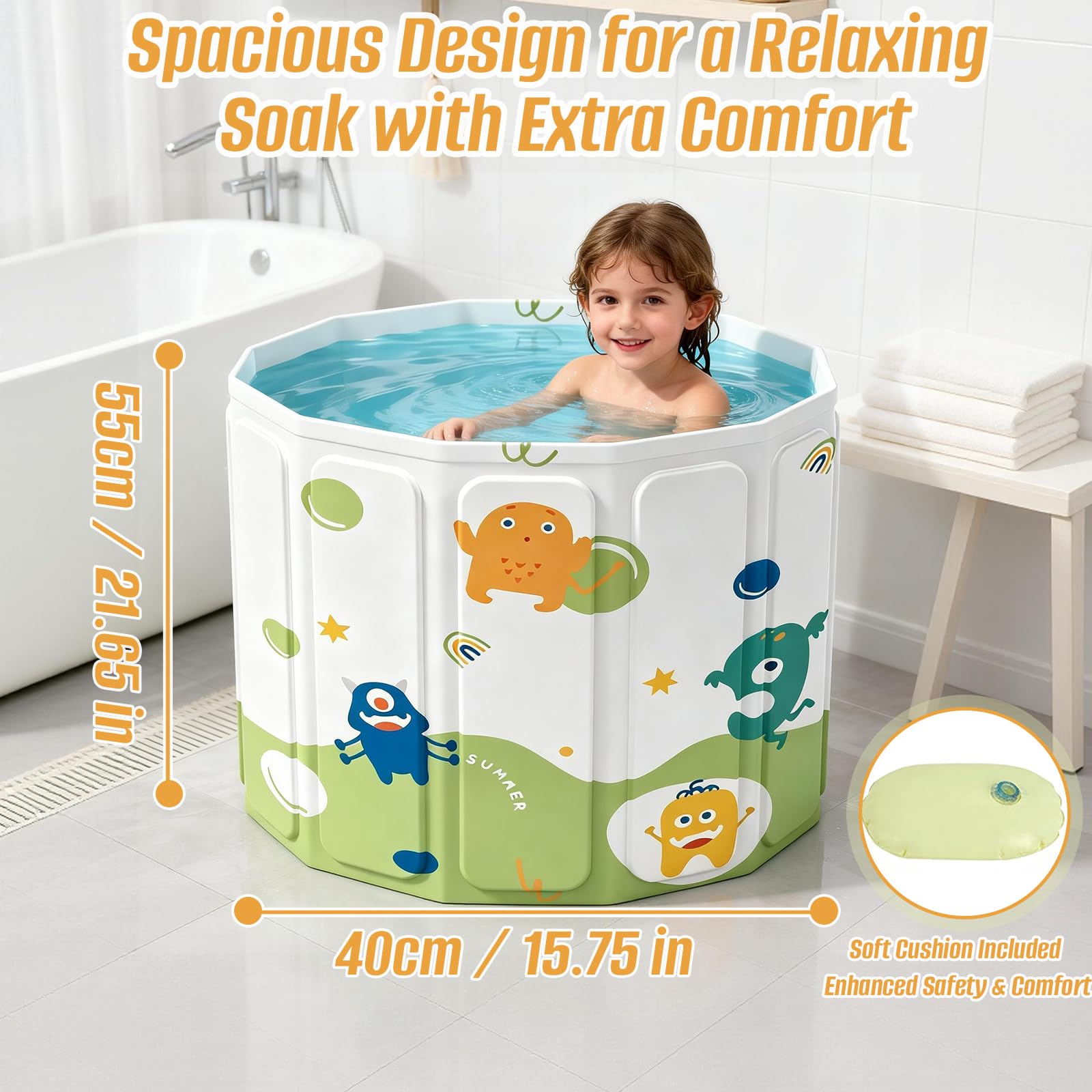 Baignoire pliable, avec sac de rangement et coussin d'eau gonflable, autoportante pour douche, bain chaud et bain de glace, évacuation de sol et latérale (40 x 55 x 55 cm pour enfants)