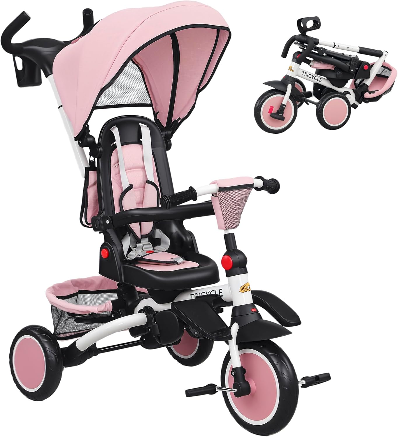 Qaba Kids Tricycle, 6 in 1 Foldable Baby Trike with Adjustable Push Handle, Tricycle Stroller with Removable Canopy, Reversible Seat, Safety Harness, Detachable Guardrail, Storage for 1-5 Years, Pink