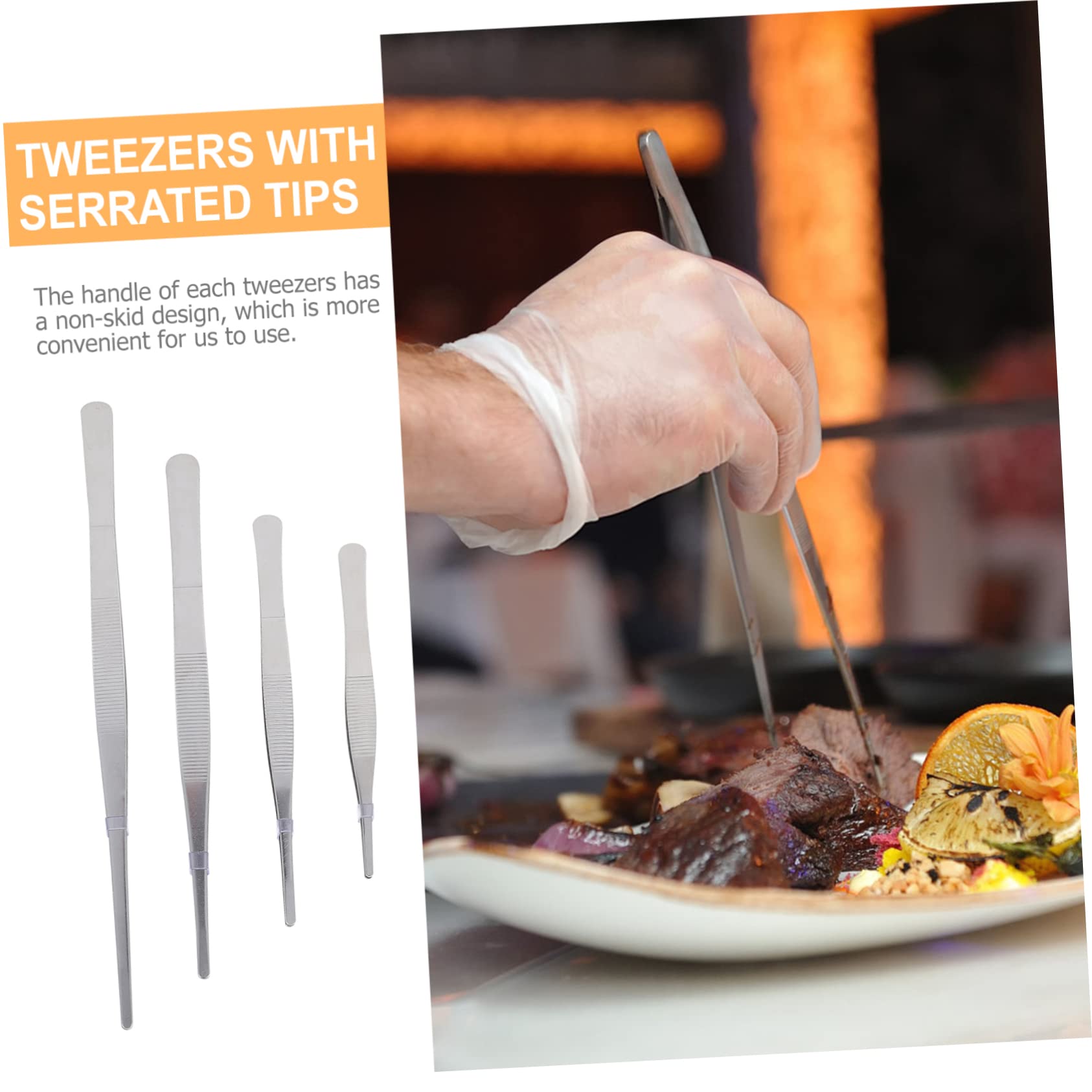 FUNOMOCYA 4pcs Stainless Steel Tweezers Long Straight Serrated Tips Non-Skid Handle for Crafting and Daily Use