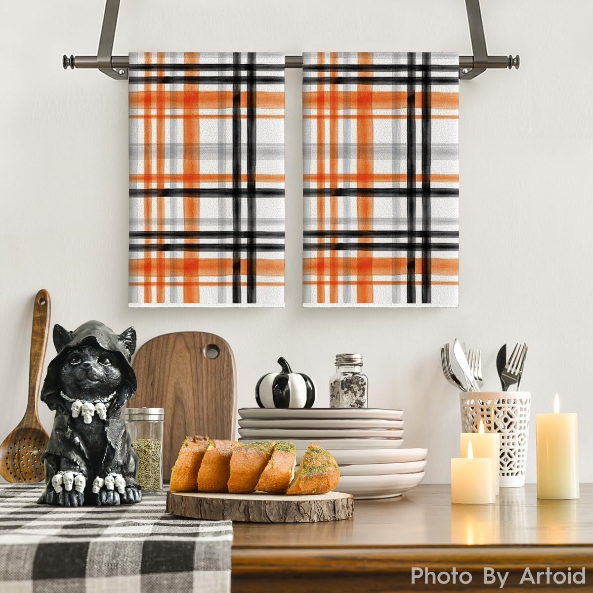 Artoid Mode Buffalo Plaid Halloween Kitchen Towels Set of 2 18x26 Inch