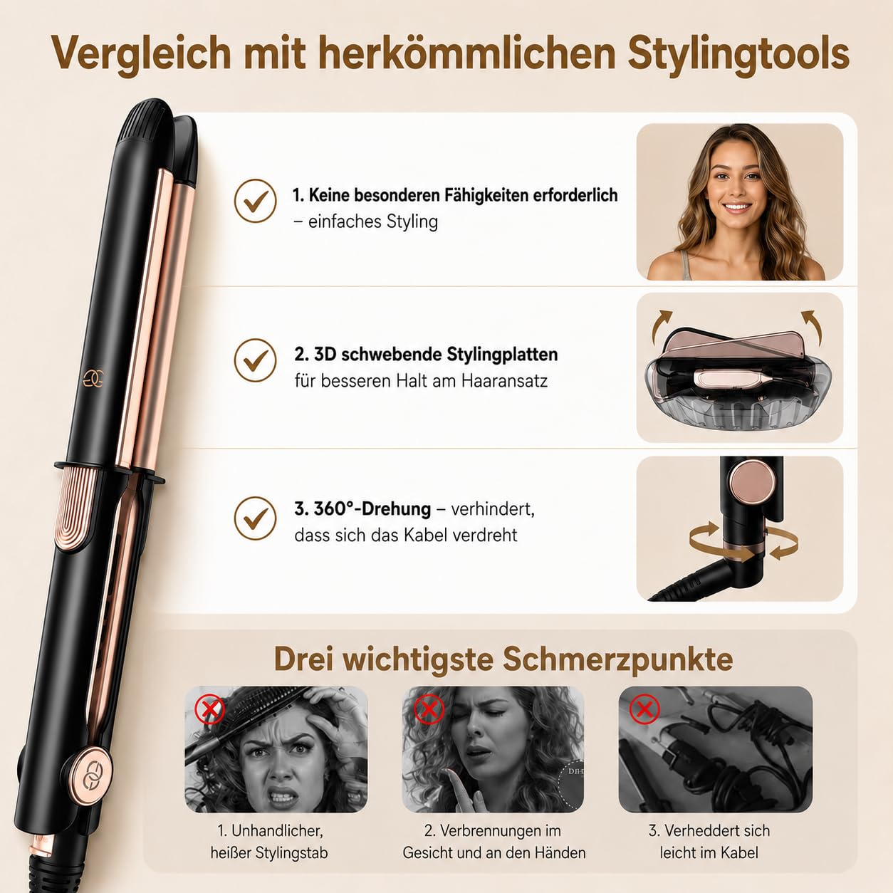 Glätteisen 2-in-1 Professioneller Haarglätter & Lockenstab Golden Goods – Titanplatten mit Keramikbeschichtung, LCD-Display, schnelles Aufheizen, 12 Temperaturstufen bis 230 °C, 360° Drehkabel