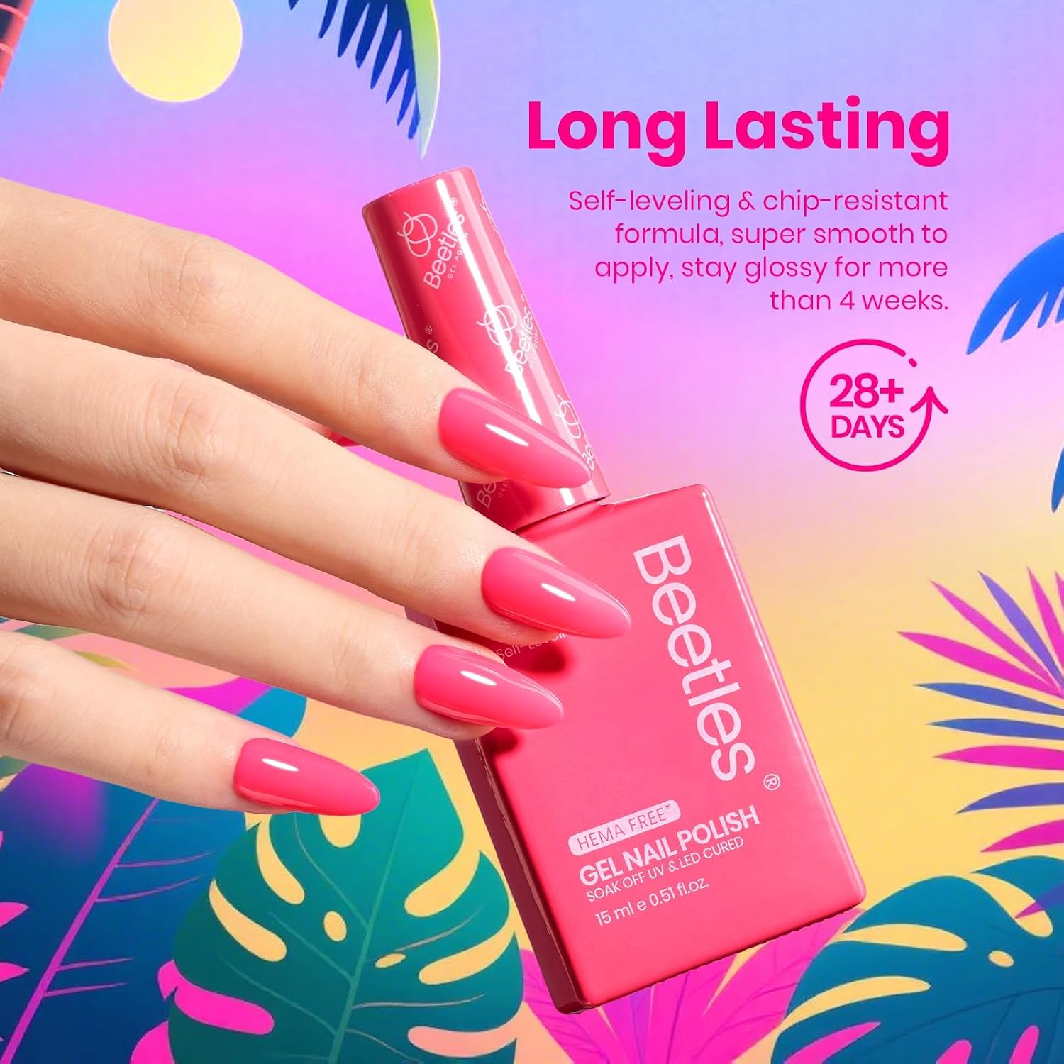 Beetles Neon Gel Nail Polish - Tropical Mood, Hema Free 6 Colors Summer Gel Nail Polish Set, 15ML Hot Pink Yellow Blue Purple Green Orange, Soak Off UV LED Rainbow Bright Summer Nails Art Holiday