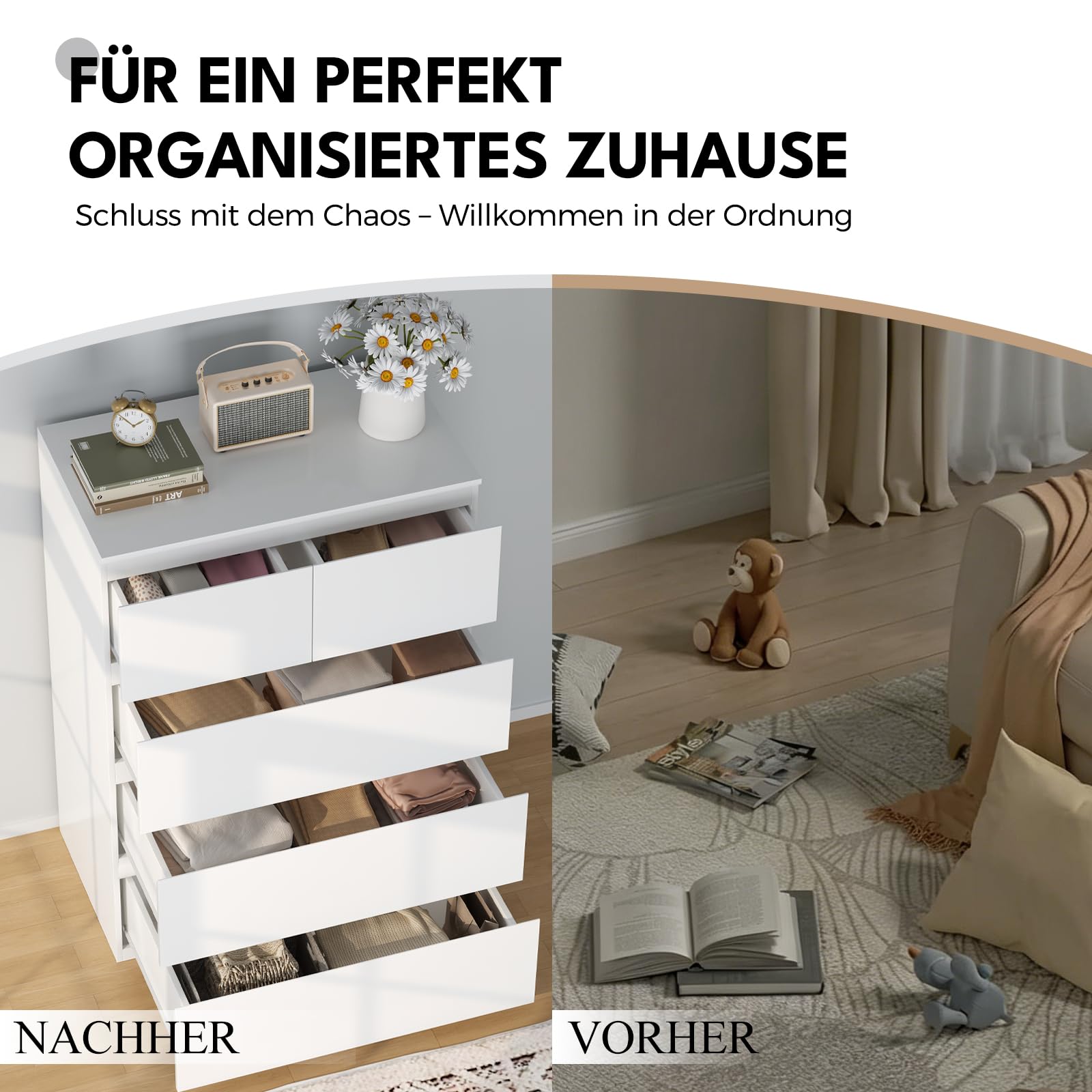 BEWISHOME Kommode mit 5 Schubladen,Kommode weiß,Kommoden & Sideboards,Schubladenschrank,Komodenschrank für Schlafzimmer,Wohnzimmer,Flur,68x38x94 cm EKCG07W