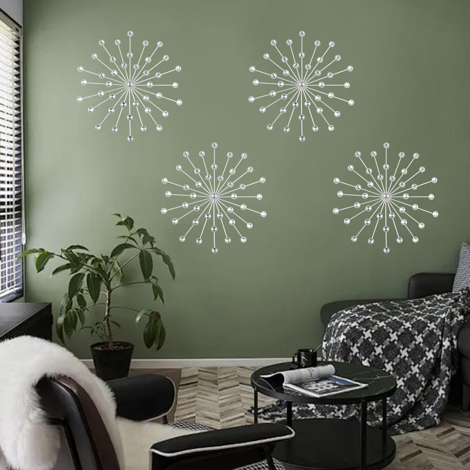 Detene Set of 4 Metal Rhinestones Wall Decor Bling Crystal Home Decorative Silver Acrylic Burst Decor Starburst Rhinestone Wall Art for Living Room Bedroom Bathroom Kitchen Office