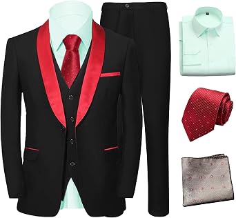 Tuxedo for Men 6 Pieces Suit Slim Fit Blazer Shawl Lapel Vest Pants Pocket Square Shirt Tie Prom Party Dinner