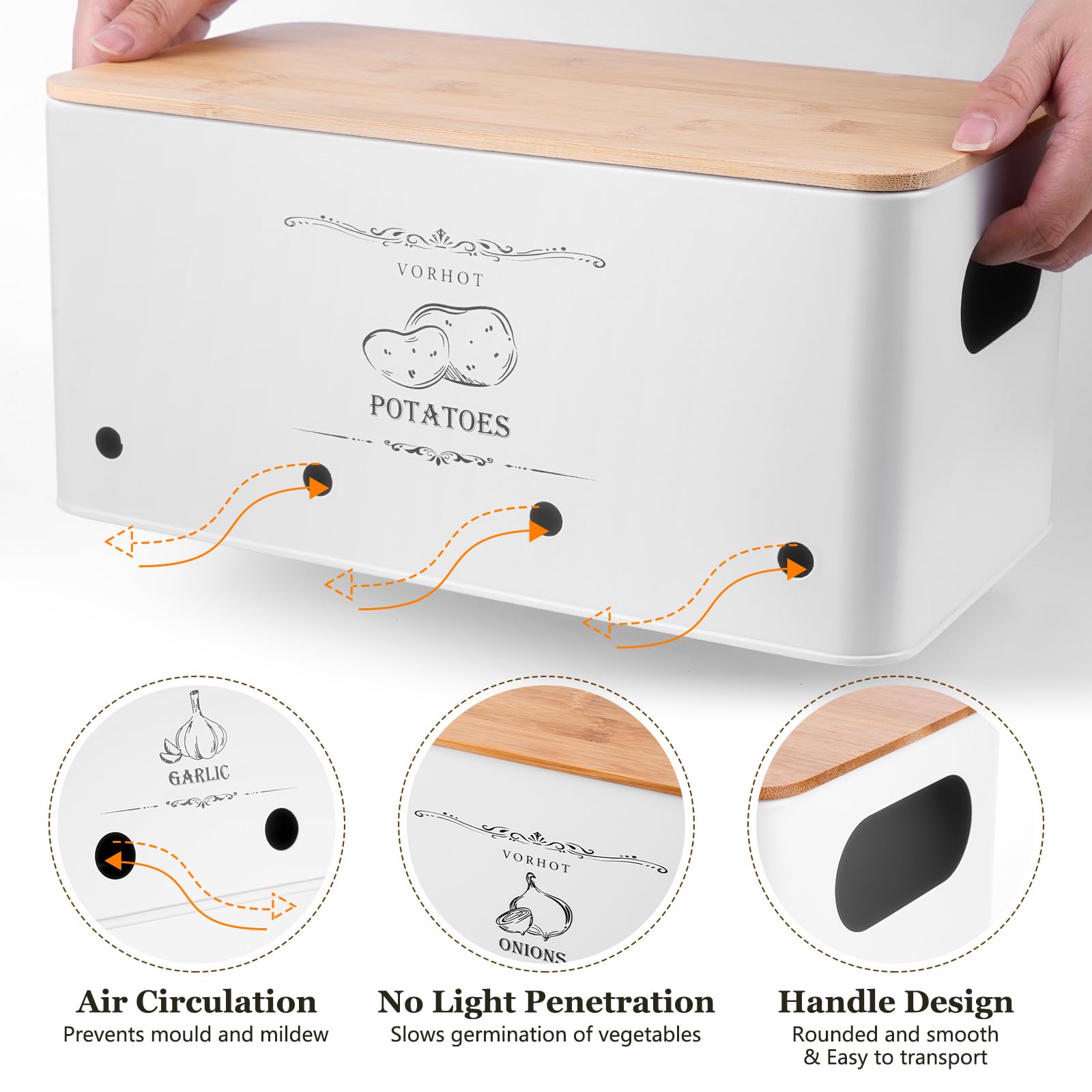 Porta Patate Cipolle Aglio, Set di 3 Contenitore Patate e Cipolle e Aglio, Porta Cucina con con Coperchio in Bambù e Fori di Ventilazione, Bianco