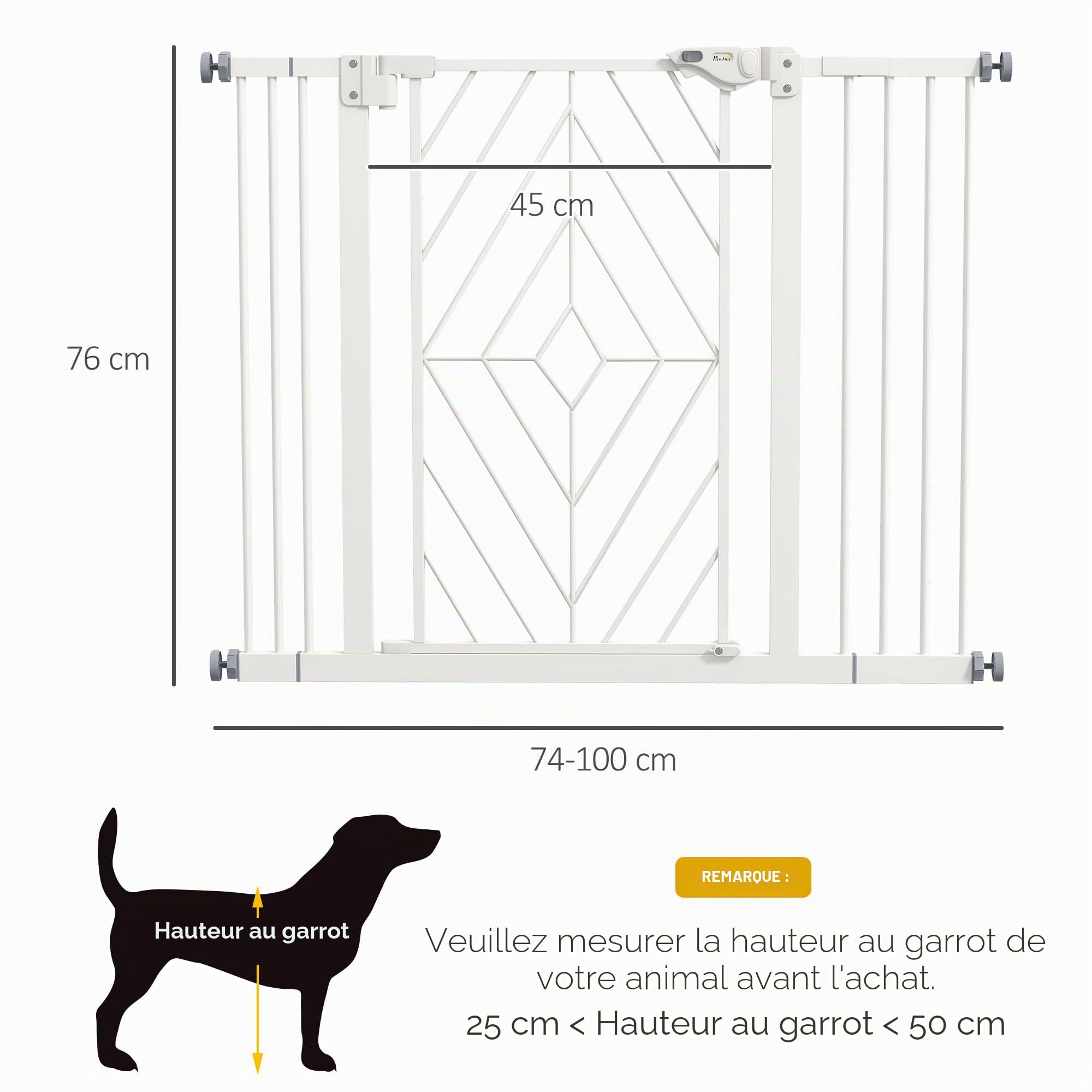 PawHut Grille de protection d'escalier pour chien, avec porte à fermeture automatique, sans perçage, pour chien, 74 à 100 cm, blanche