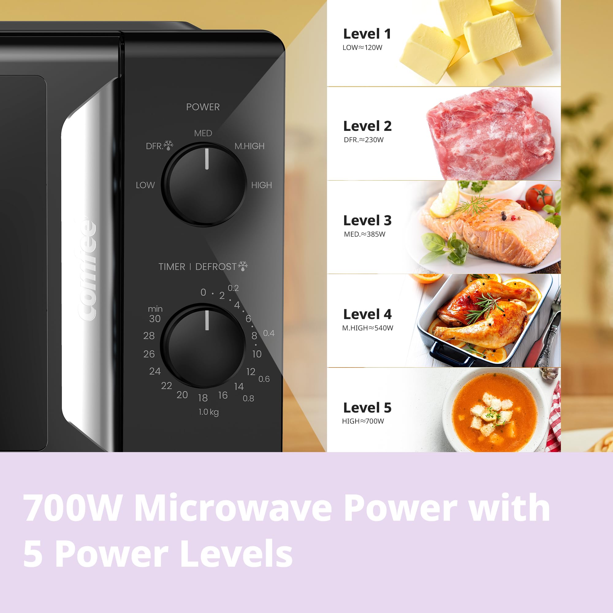 COMFEE' 19L 700W Black and Mirror Mini Microwave Oven, Compact Design, InverTech and Quick Defrost Function, 5 Cooking Power Levels with Kitchen Manual Timer - Mirror Design CMO-MP012ND(MB) — view 6