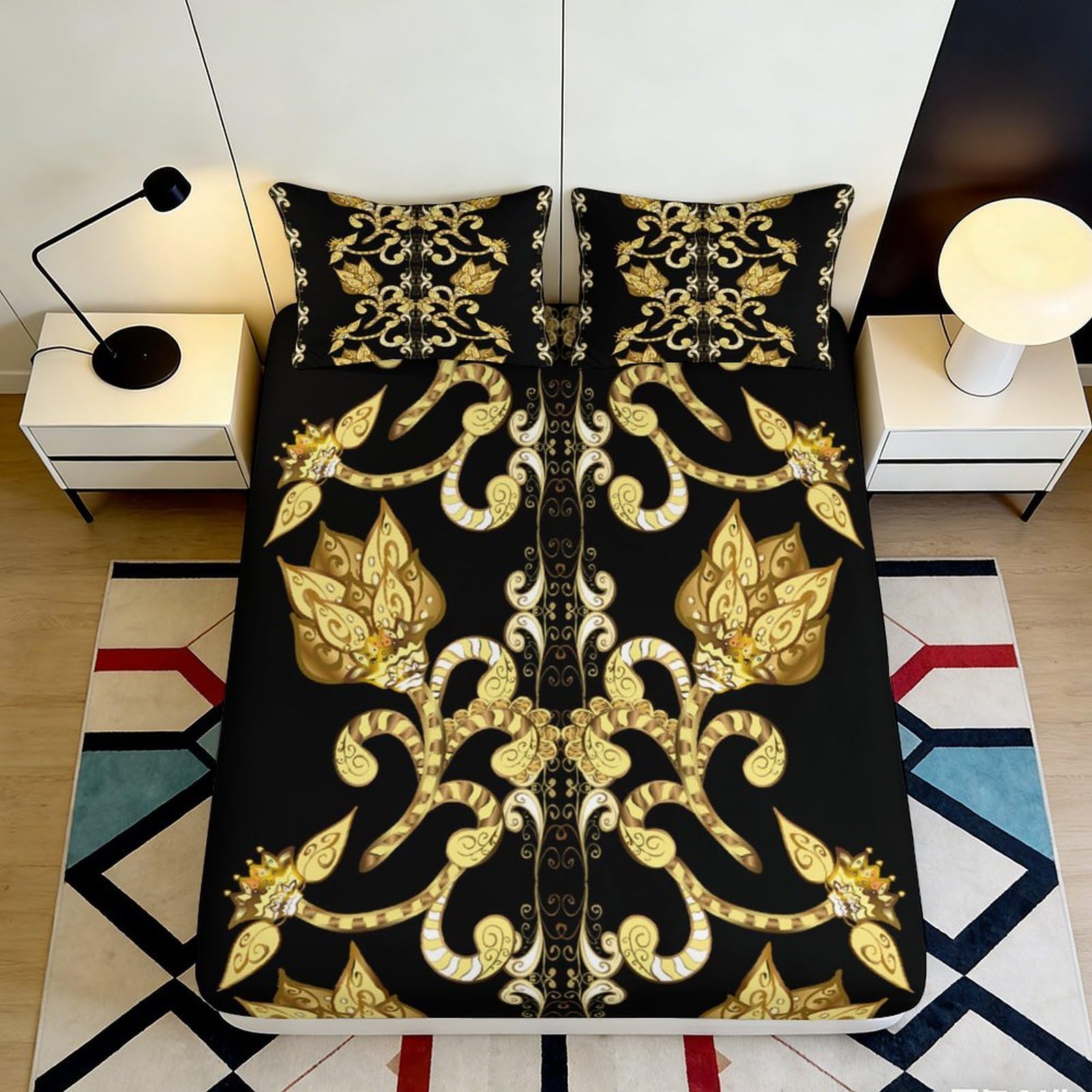 3D Printed Baroque Gold Pattern Fitted Sheet Microfiber Soft Black Ornate Mattress Cover for Bedroom Dorm Decor 90x200x25cm