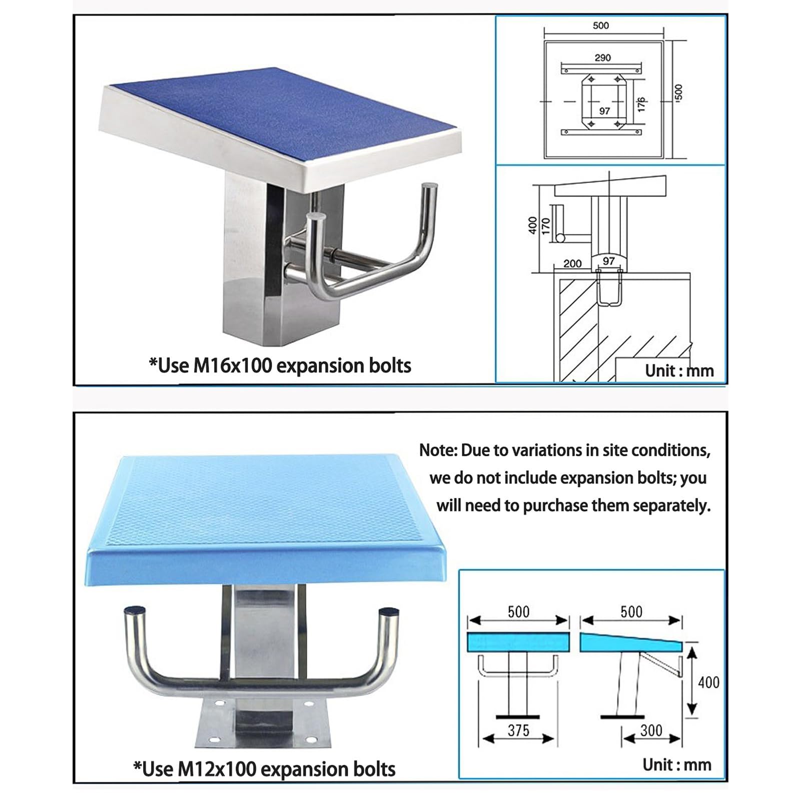 Piattaforma per Tuffi in Piscina,Trampolino per Tuffi,Superficie Antiscivolo in Acciaio Inox Inclinata a 15°,Portata 600Lbs/280kg per Trampolino da Piscina e Piattaforma Competizione di Nuoto