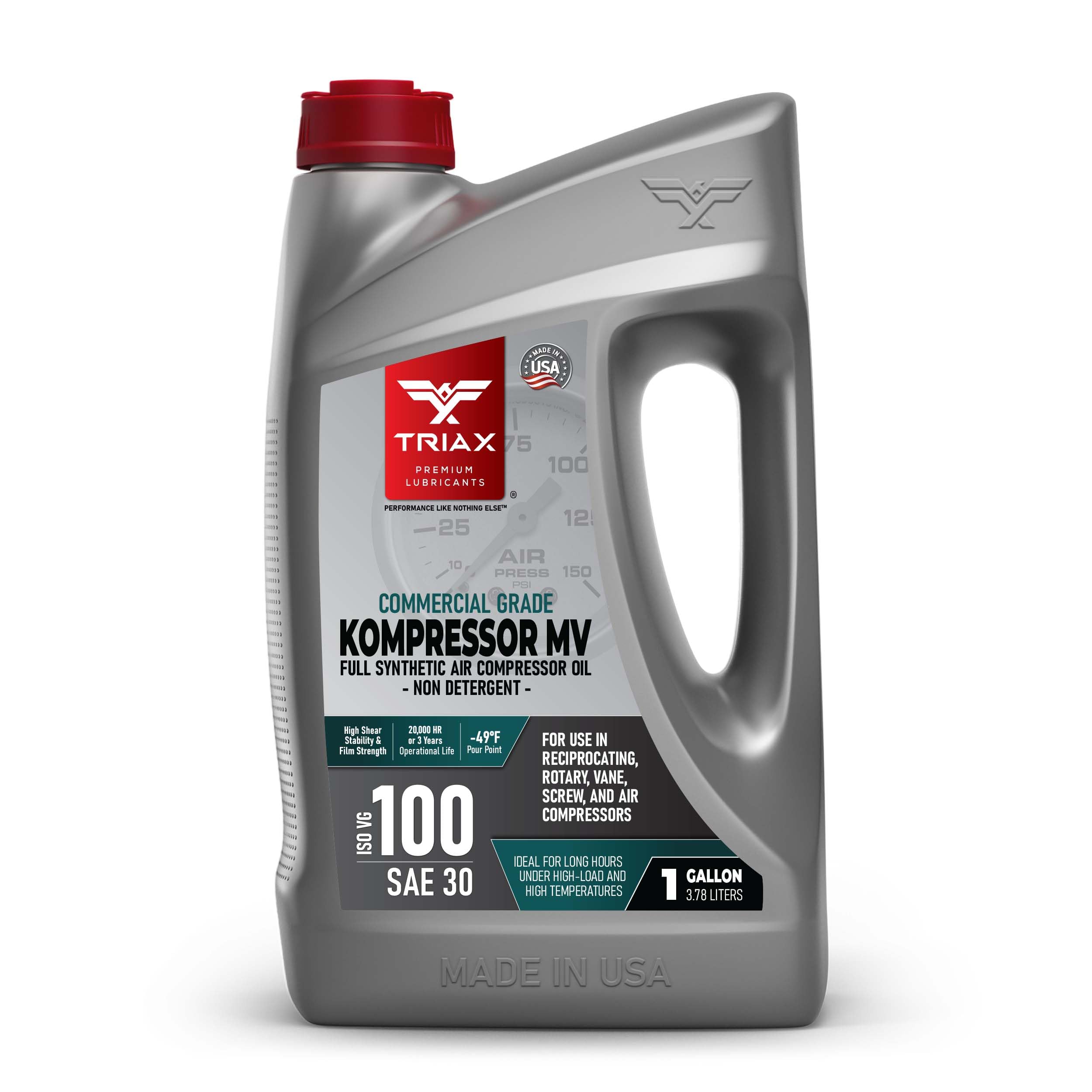 TRIAX Kompressor MV 100 Full Synthetic ISO 100 (SAE 30) Air Compressor Oil - Non-Detergent - for Rotary, Vane, Screw, Reciprocal Compressors and Vacuum Pumps - High Temp, 20,000 Hour Life (1 Gallon)